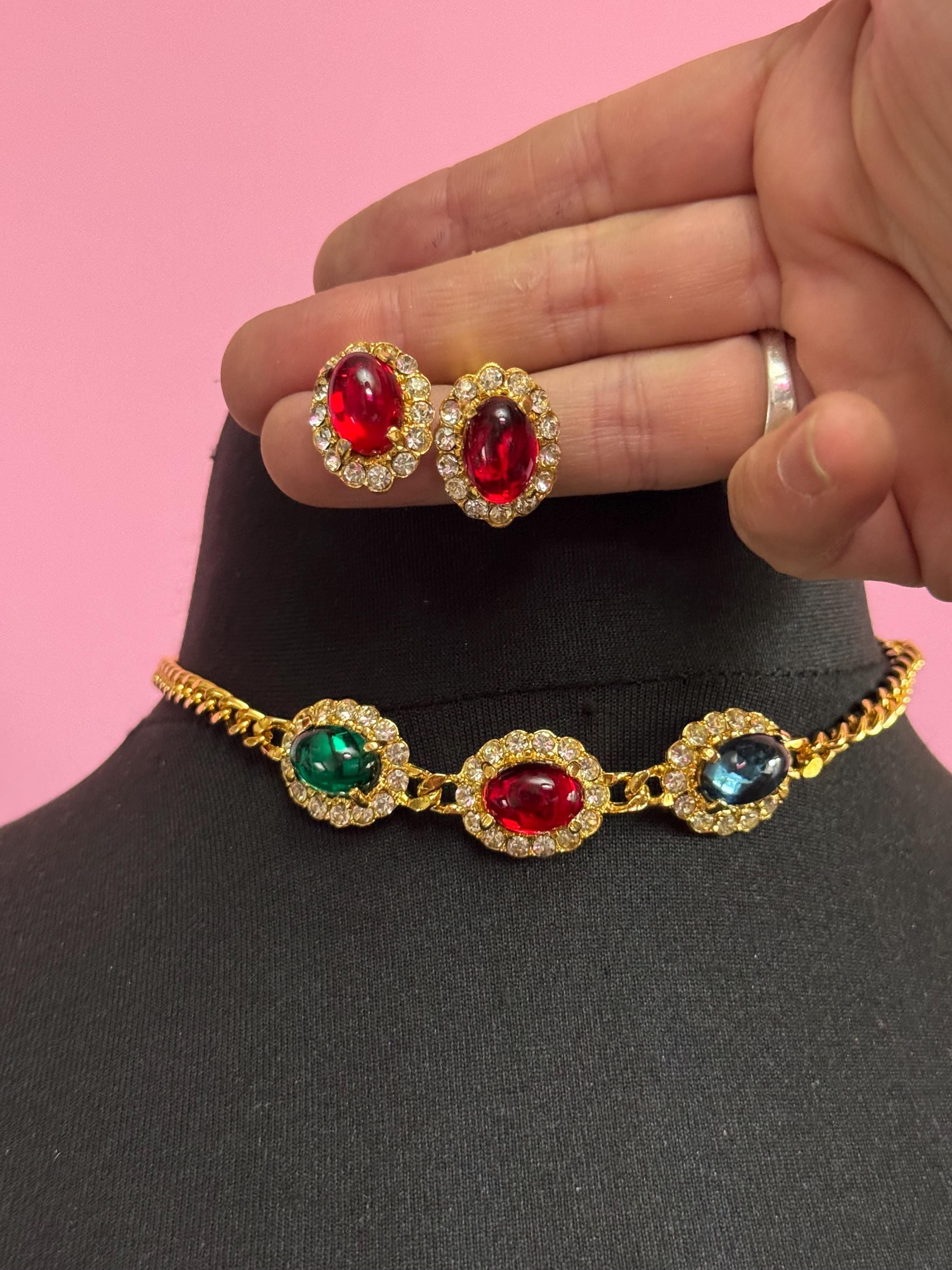 Vintage 1980s Swarovski Choker RUBY earring set, Red, Blue, Green Cabochons & Diamanté