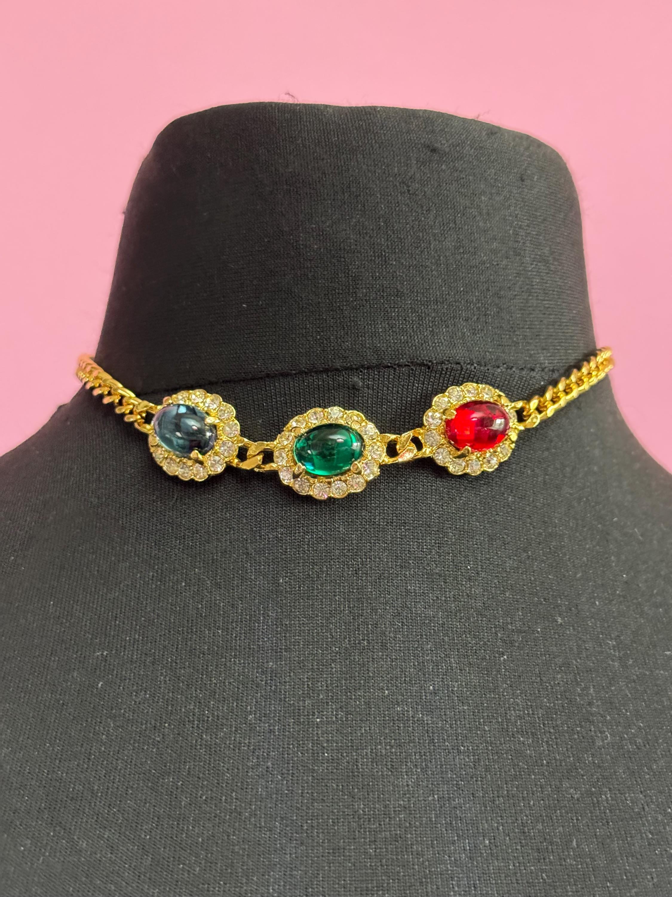 Vintage 1980s Swarovski Choker EMERALD earring set, Red, Blue, Green Cabochons & Diamanté