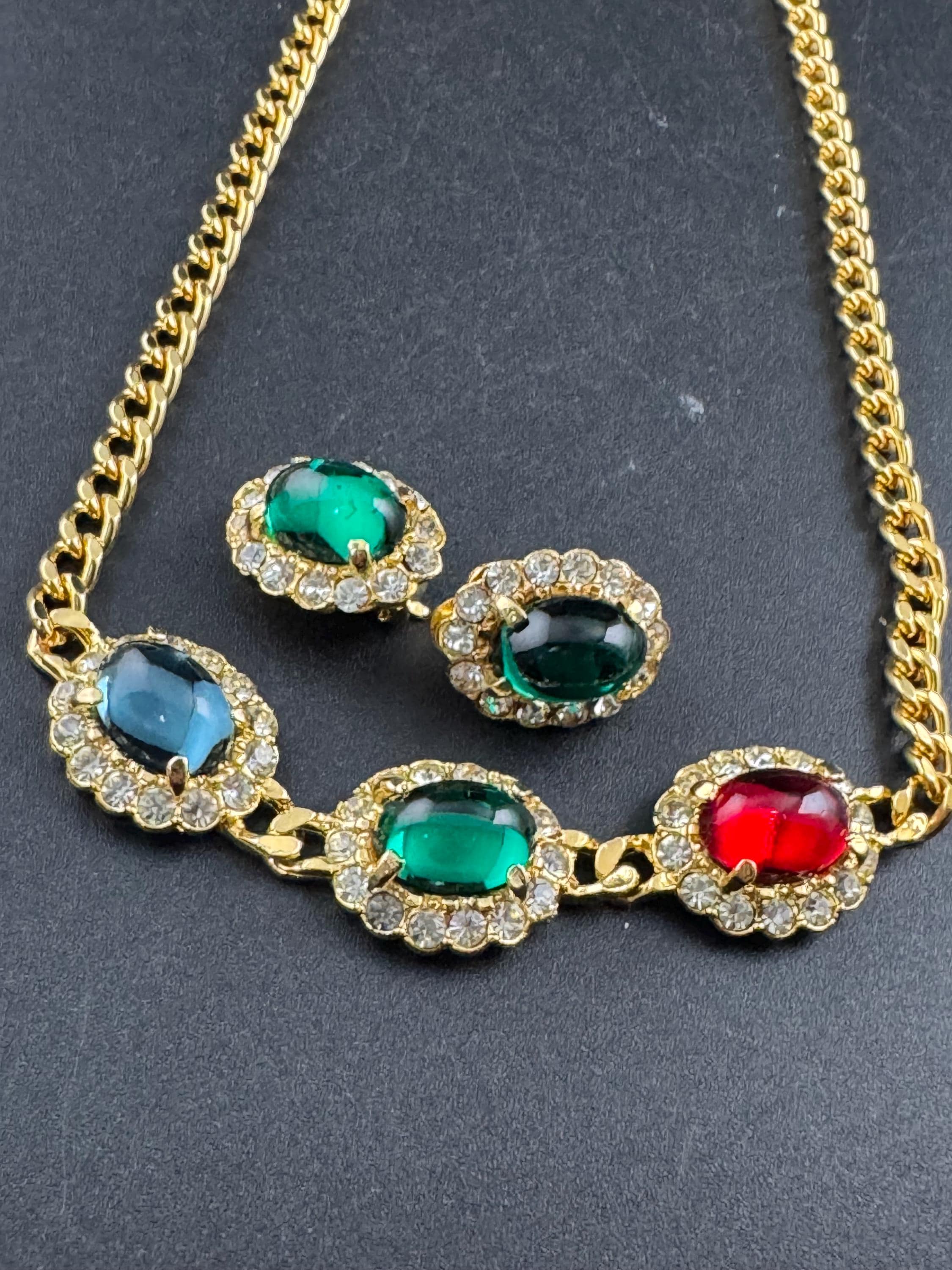 Vintage 1980s Swarovski Choker EMERALD earring set, Red, Blue, Green Cabochons & Diamanté