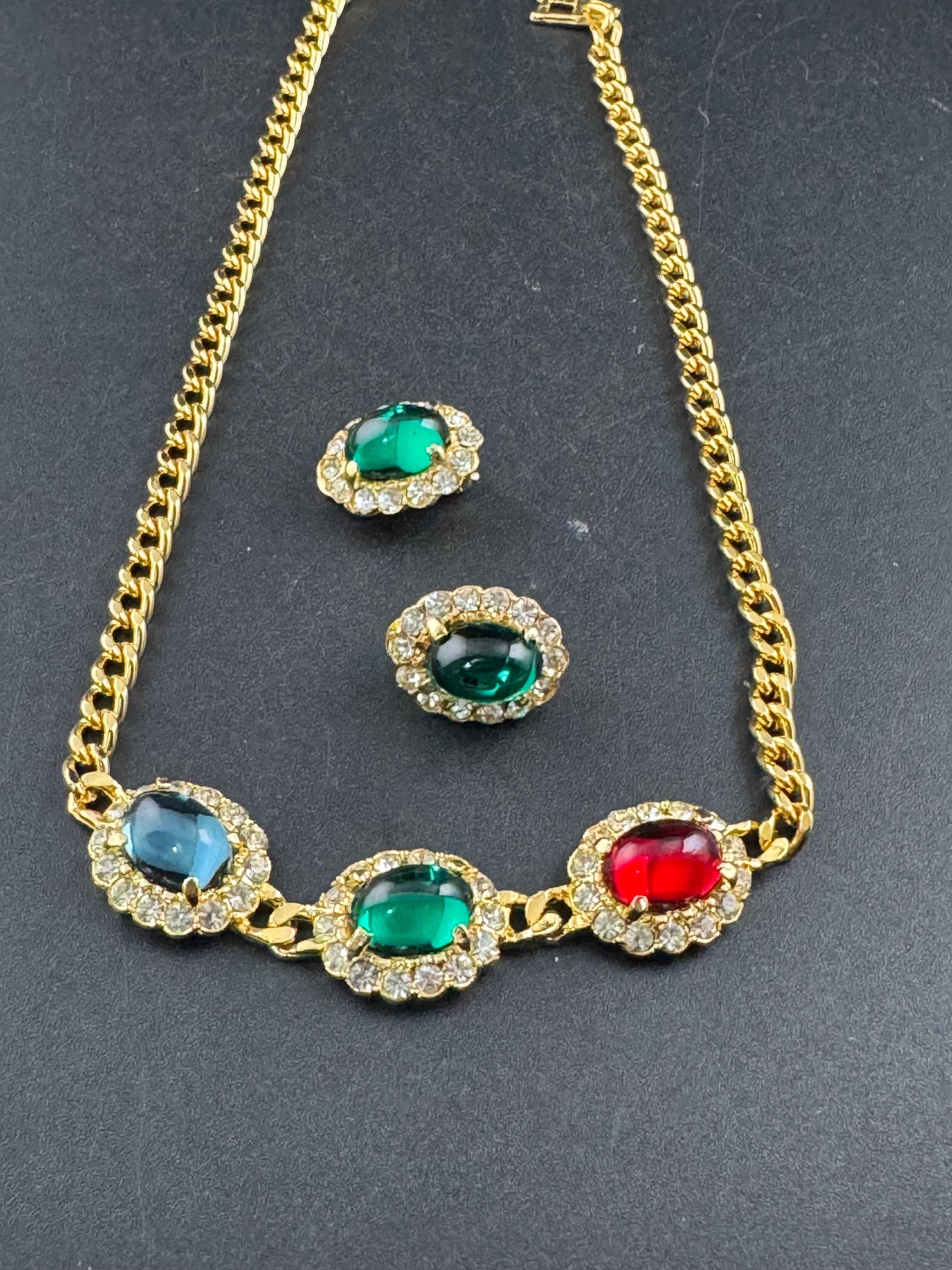 Vintage 1980s Swarovski Choker EMERALD earring set, Red, Blue, Green Cabochons & Diamanté