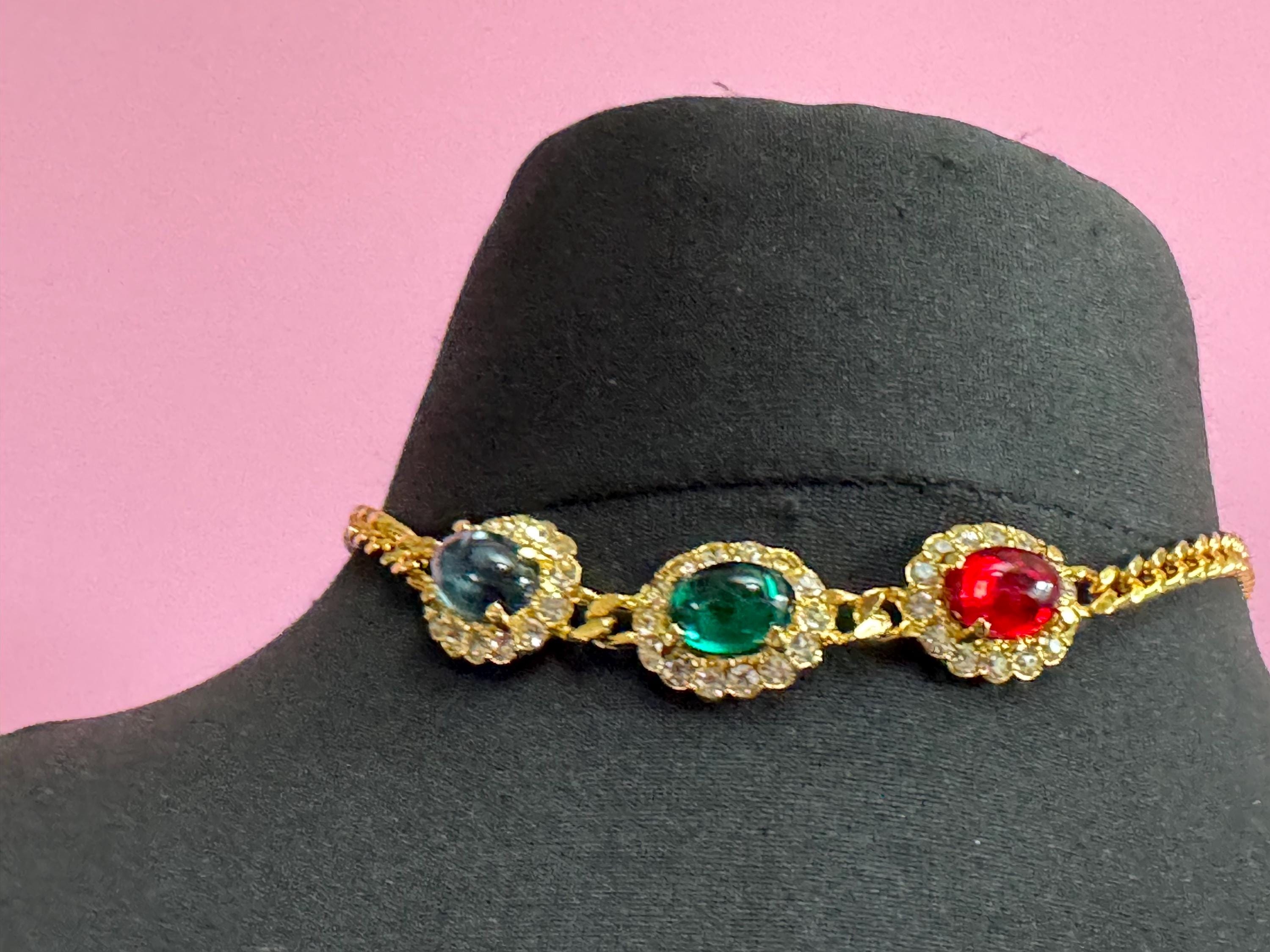 Vintage 1980s Swarovski Choker EMERALD earring set, Red, Blue, Green Cabochons & Diamanté