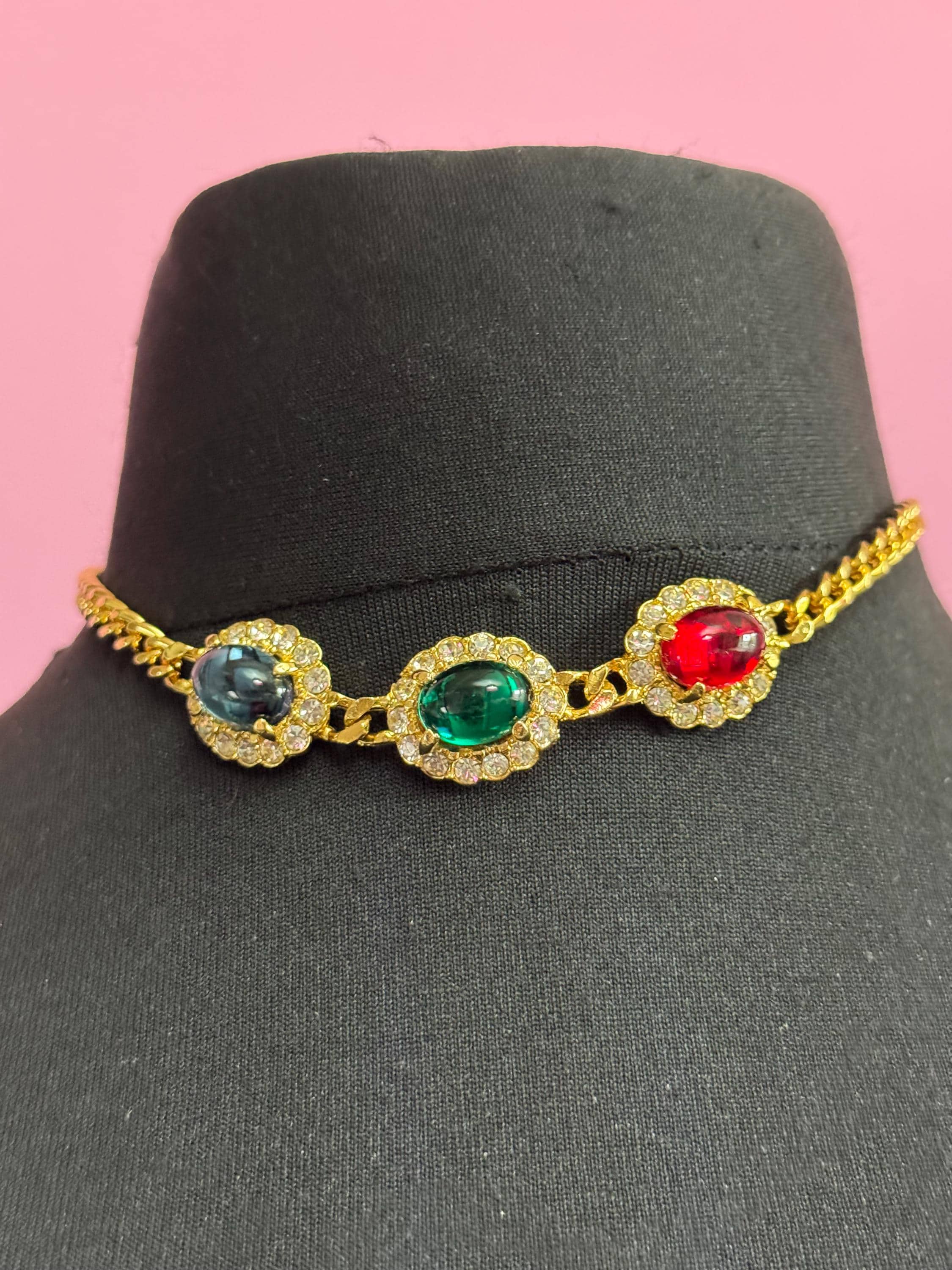 Vintage 1980s Swarovski Choker EMERALD earring set, Red, Blue, Green Cabochons & Diamanté