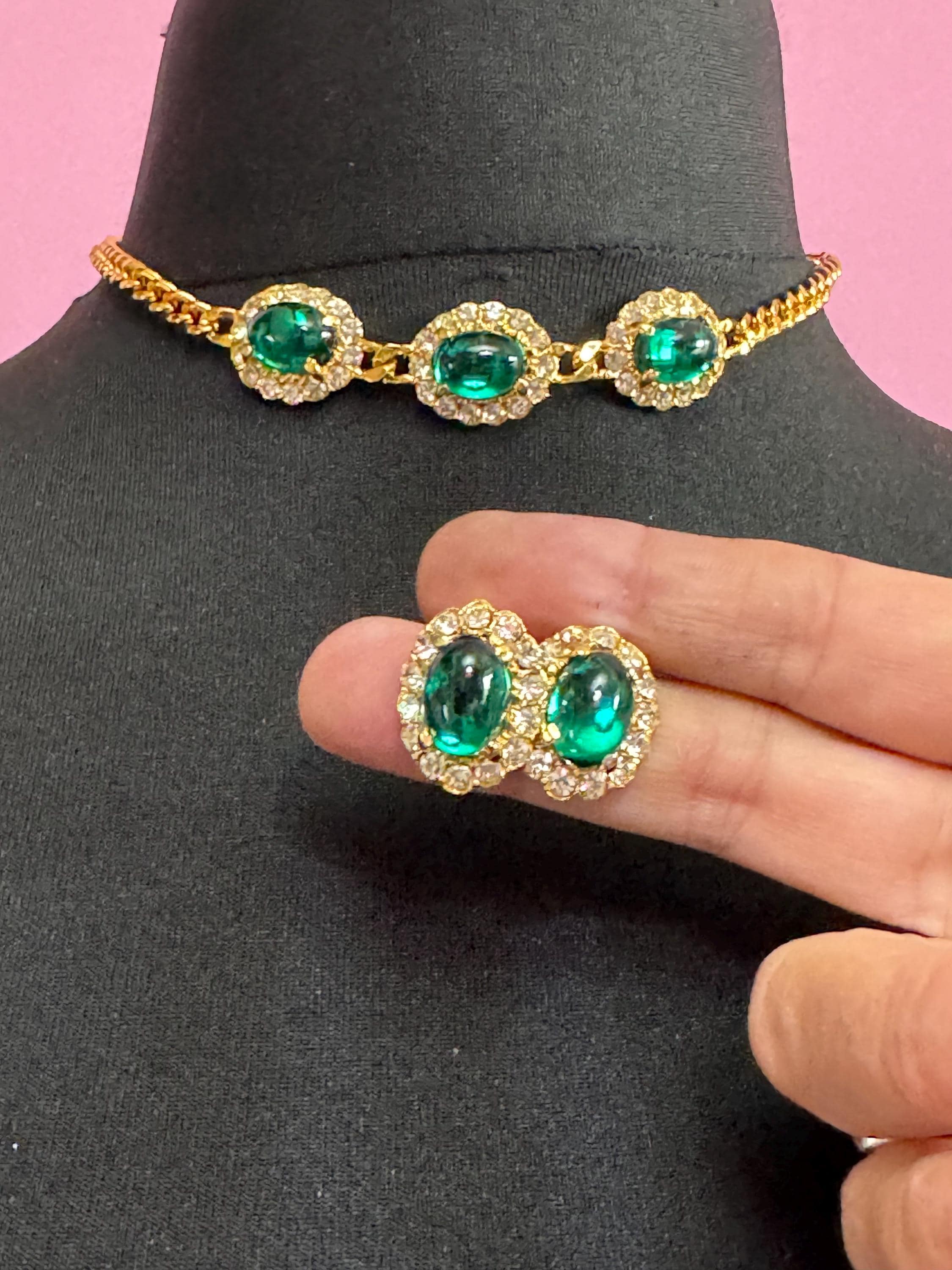 Austrian crystal emerald green Oval cabochon and clear diamanté choker necklace and matching clip earrings