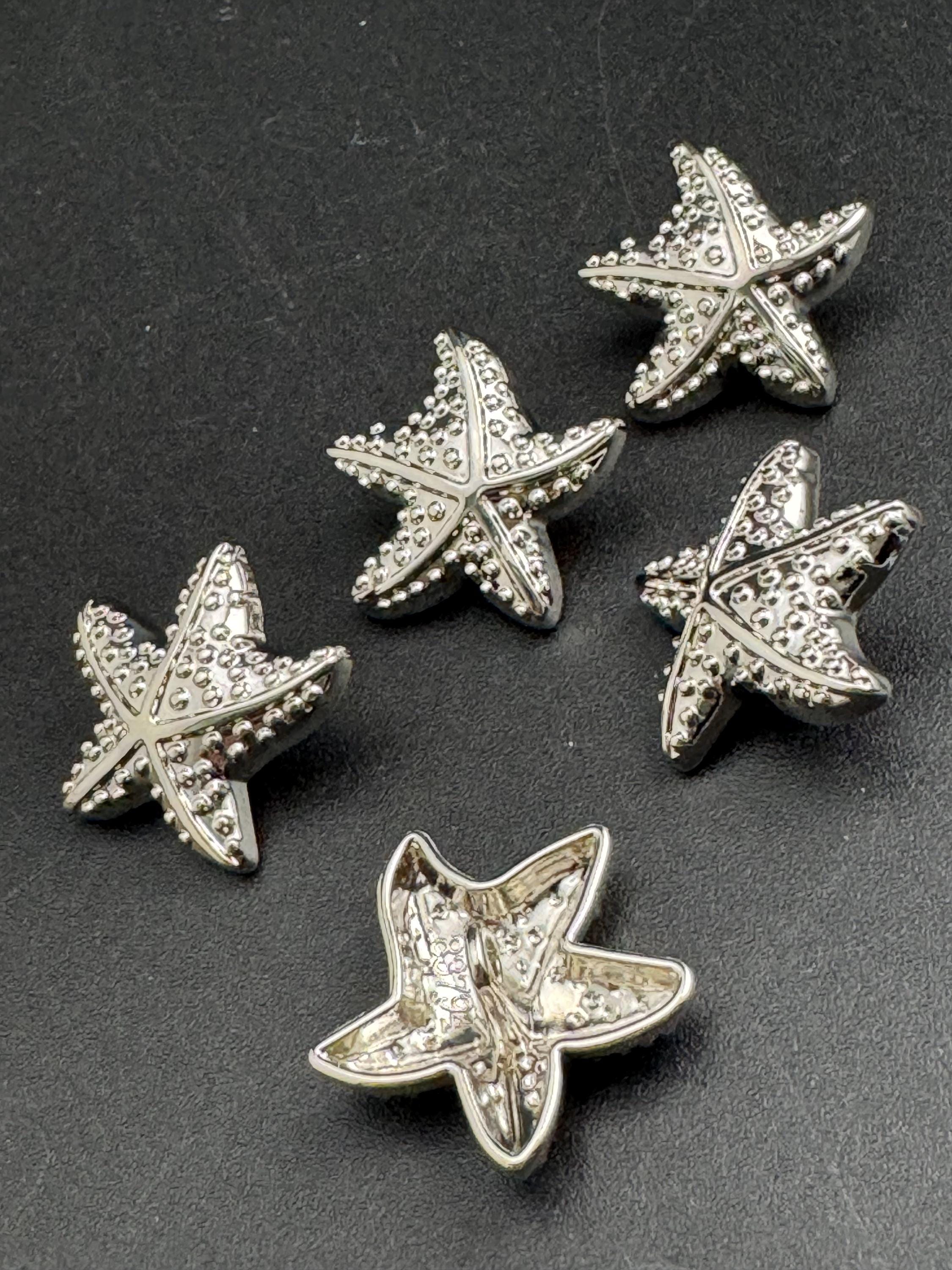 Pack 5 23mm silver starfish buttons, metal shank nautical