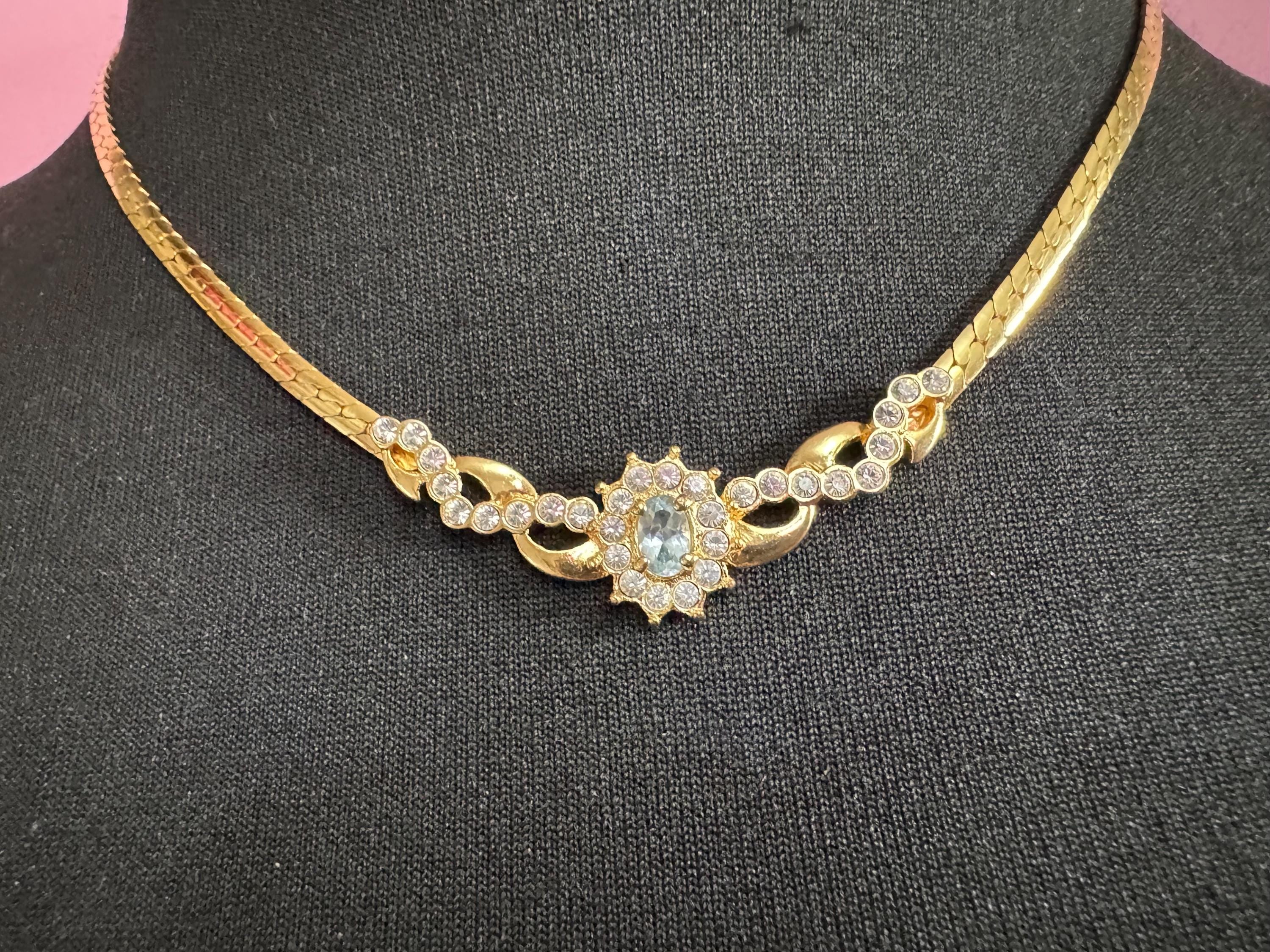 Signed MOVITEX light sapphire diamanté gold chain necklace