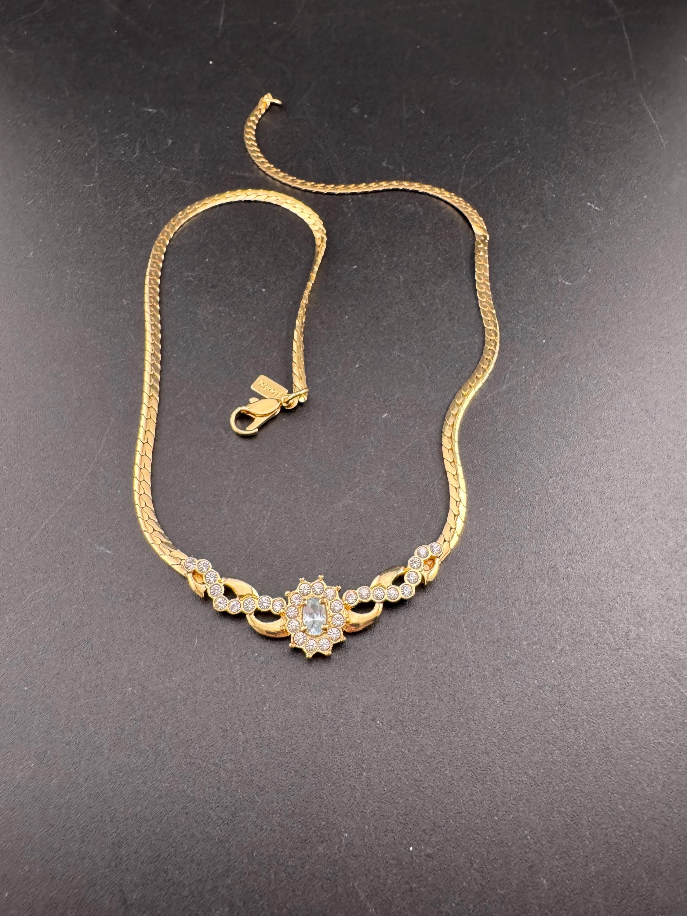 Signed MOVITEX light sapphire diamanté gold chain necklace