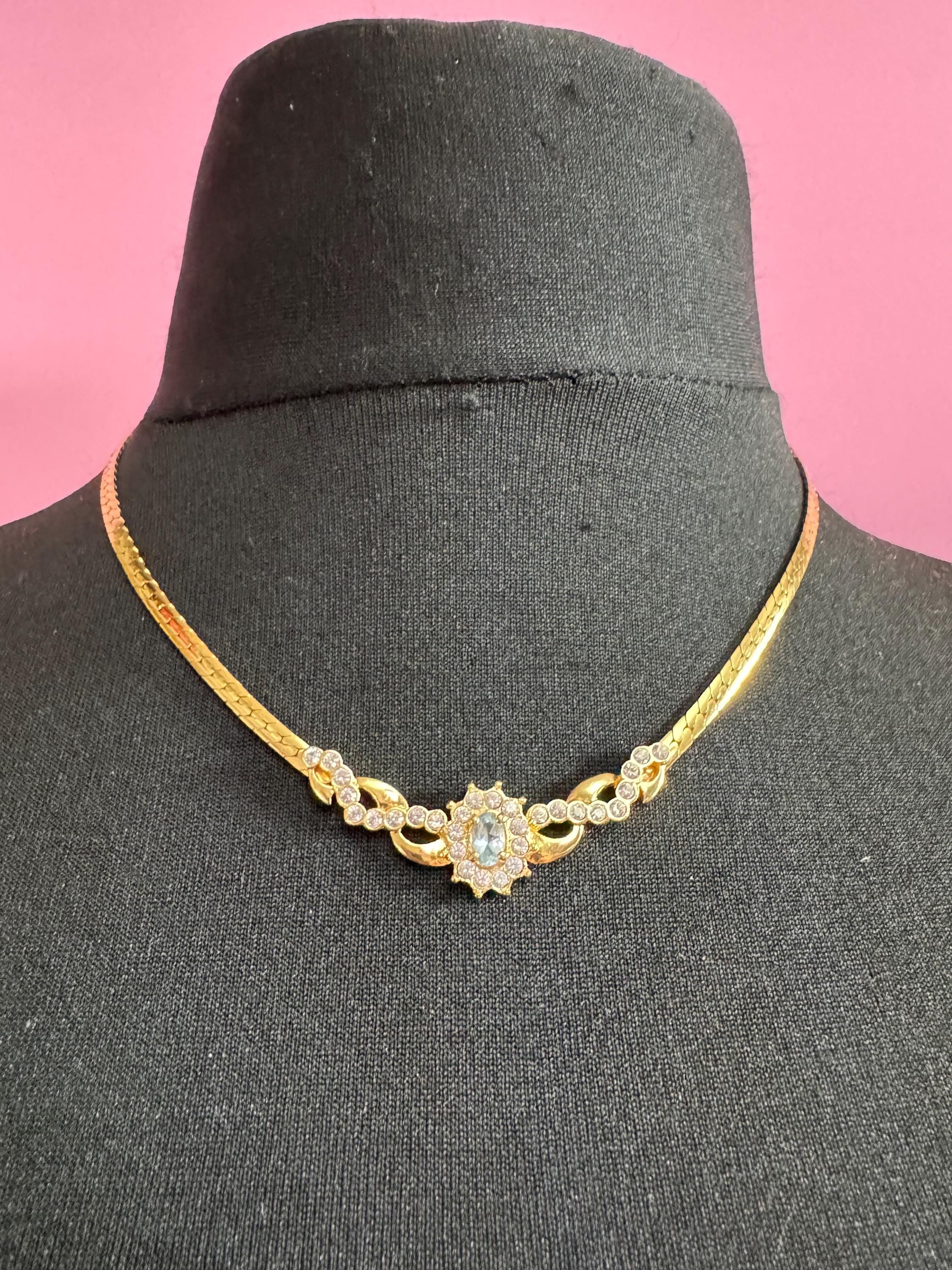 Signed MOVITEX light sapphire diamanté gold chain necklace