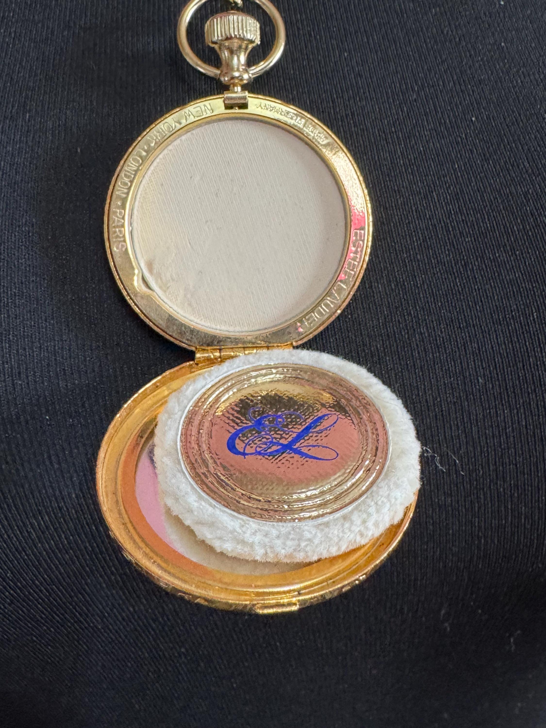 Vintage Estee Lauder face powder watch pendant necklace, gold tone