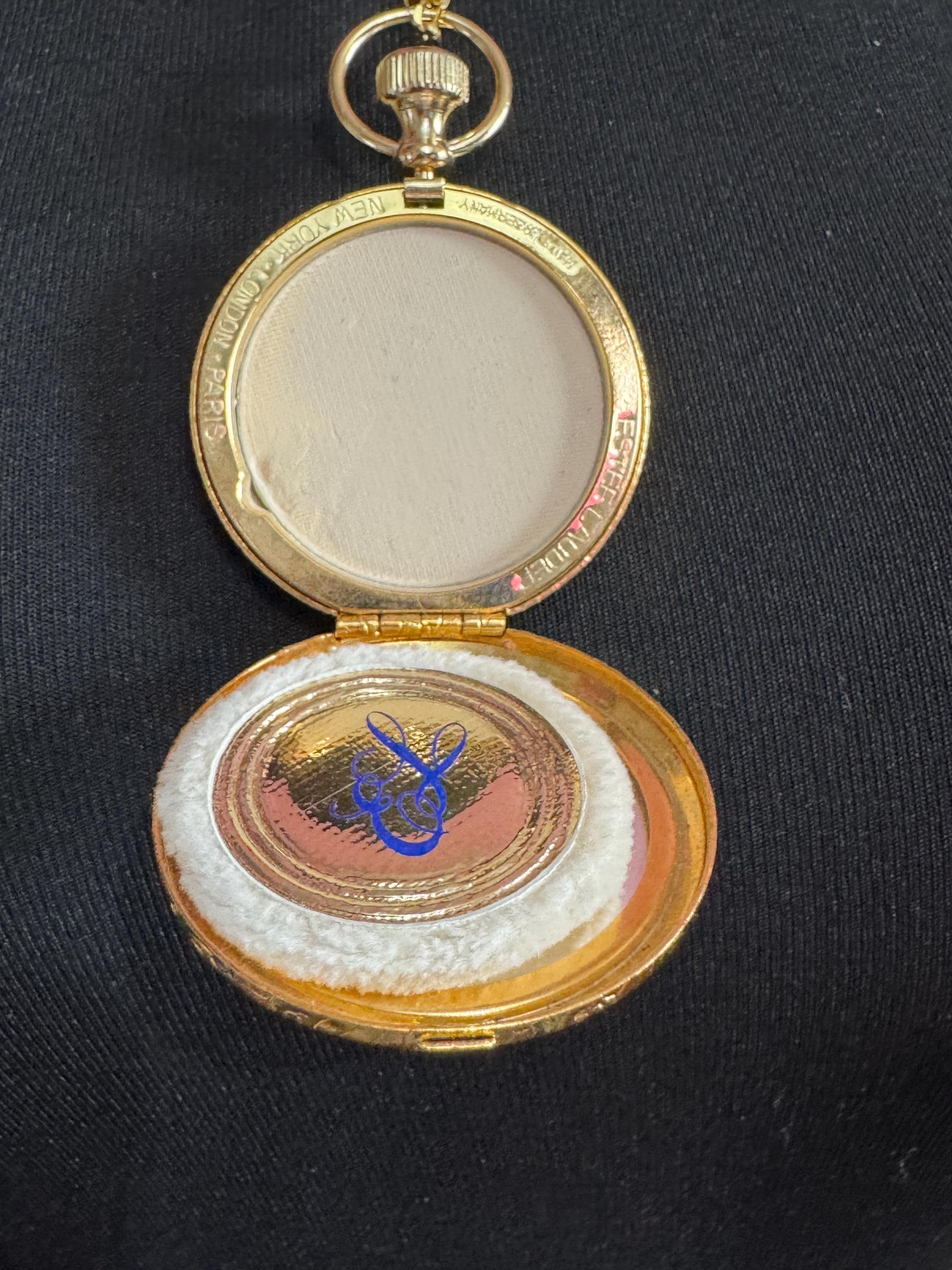 Vintage Estee Lauder face powder watch pendant necklace, gold tone