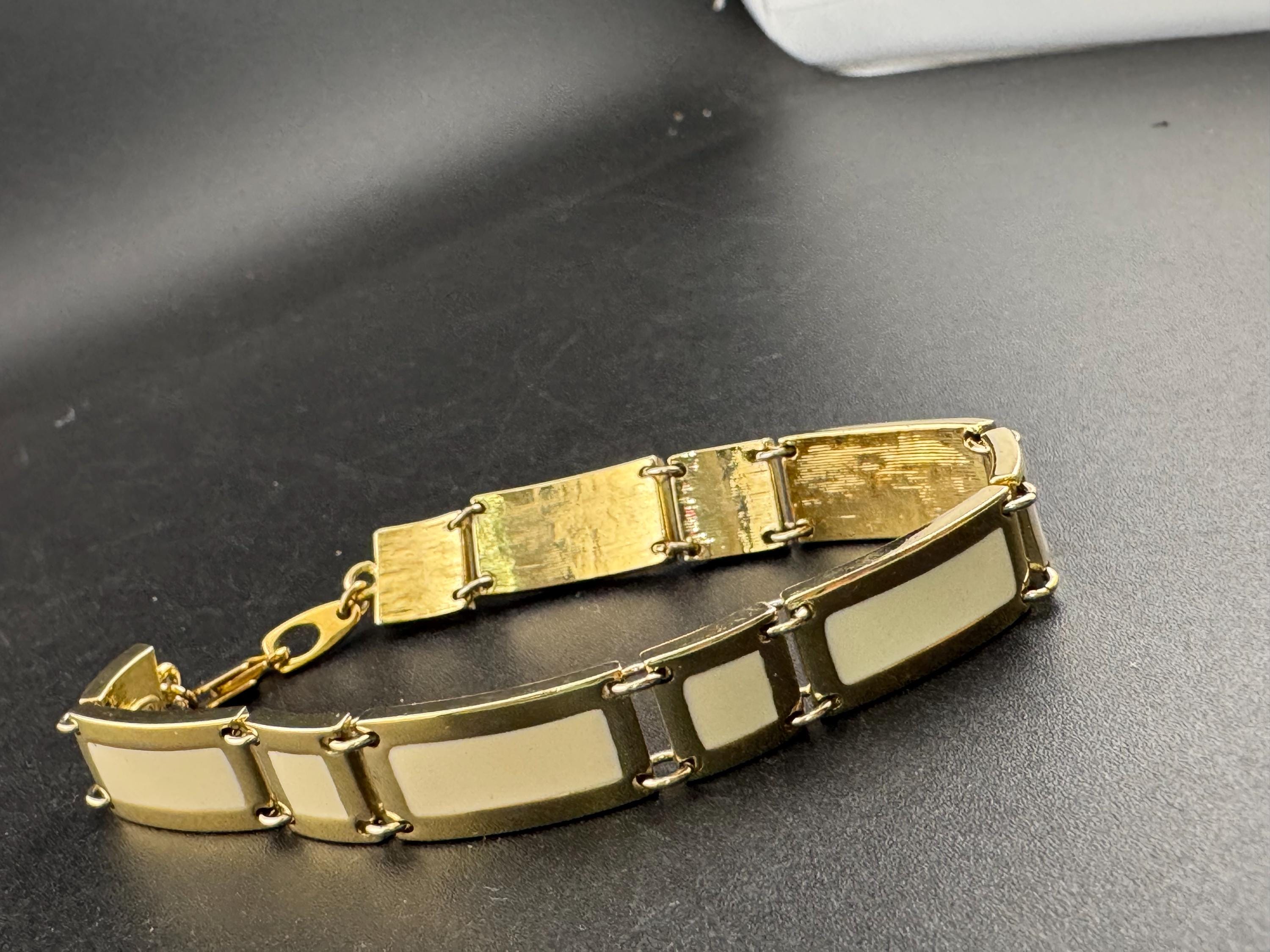 Signed Ciro cream enamel panel bracelet, Vintage cream enamel gold plated 19.5cm