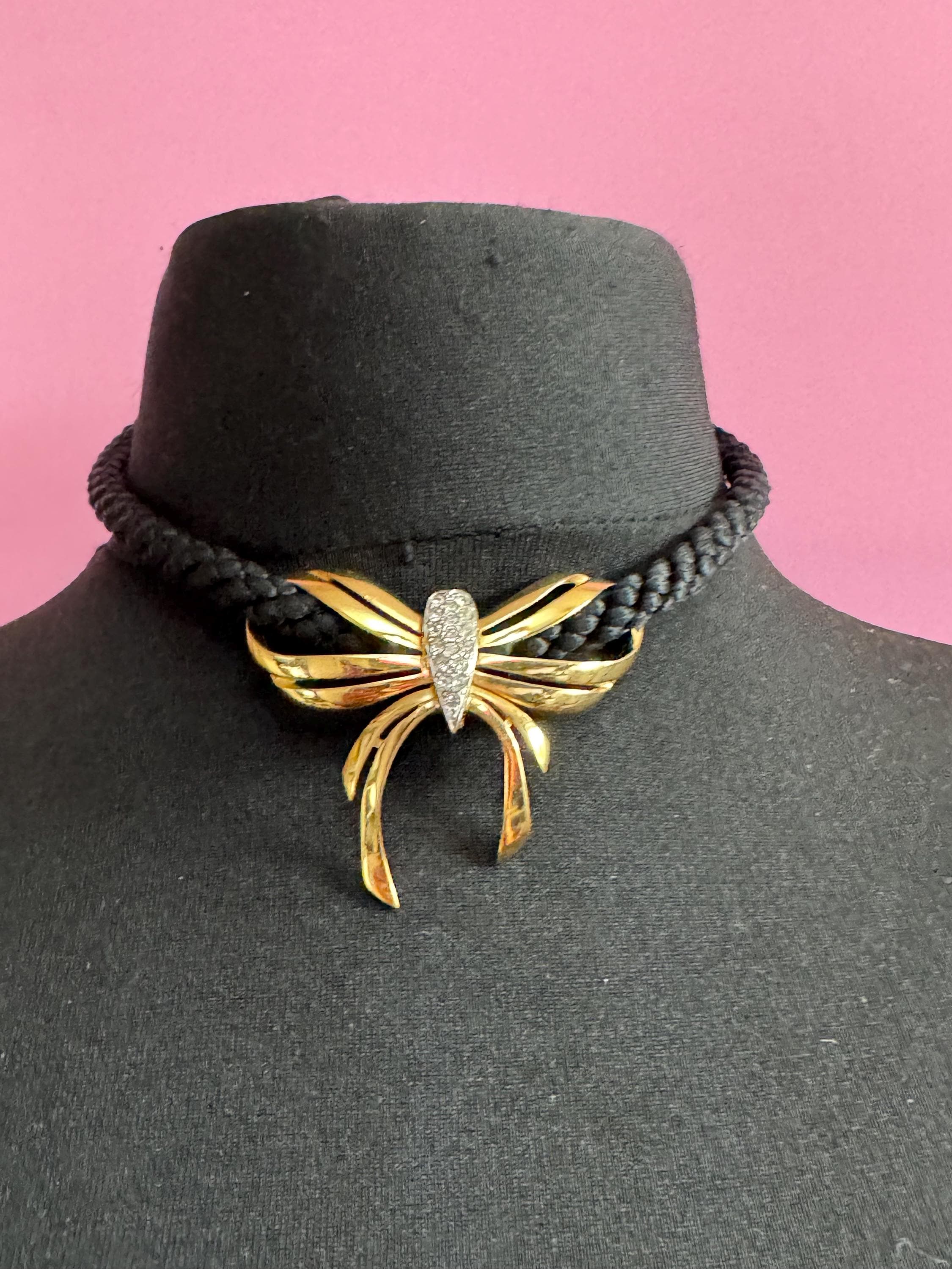 Signed BG black rope diamanté Choker necklace, magnetic clasp gold tone by Bergdorf Goodman