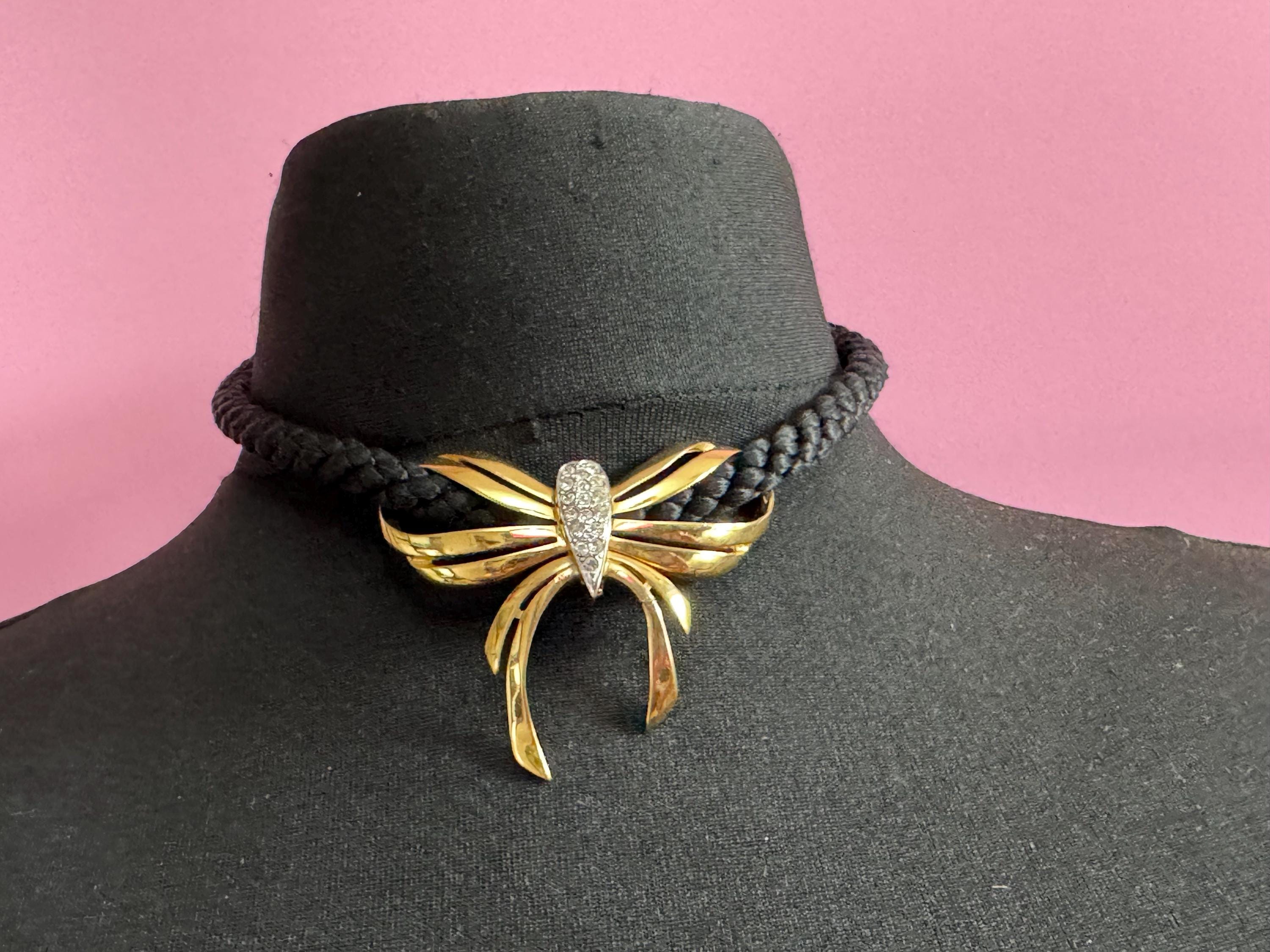 Signed BG black rope diamanté Choker necklace, magnetic clasp gold tone by Bergdorf Goodman