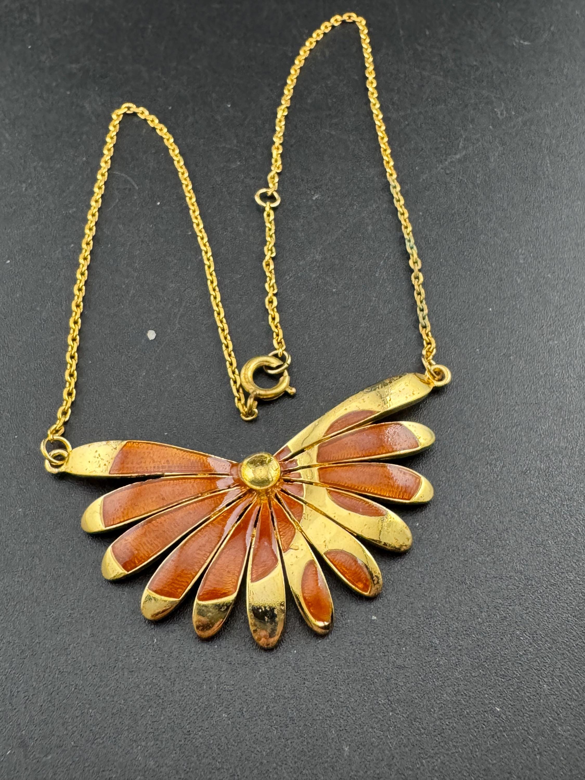 Signed ORENA brown necklace, Paris chocolate enamel pendant, gold plated