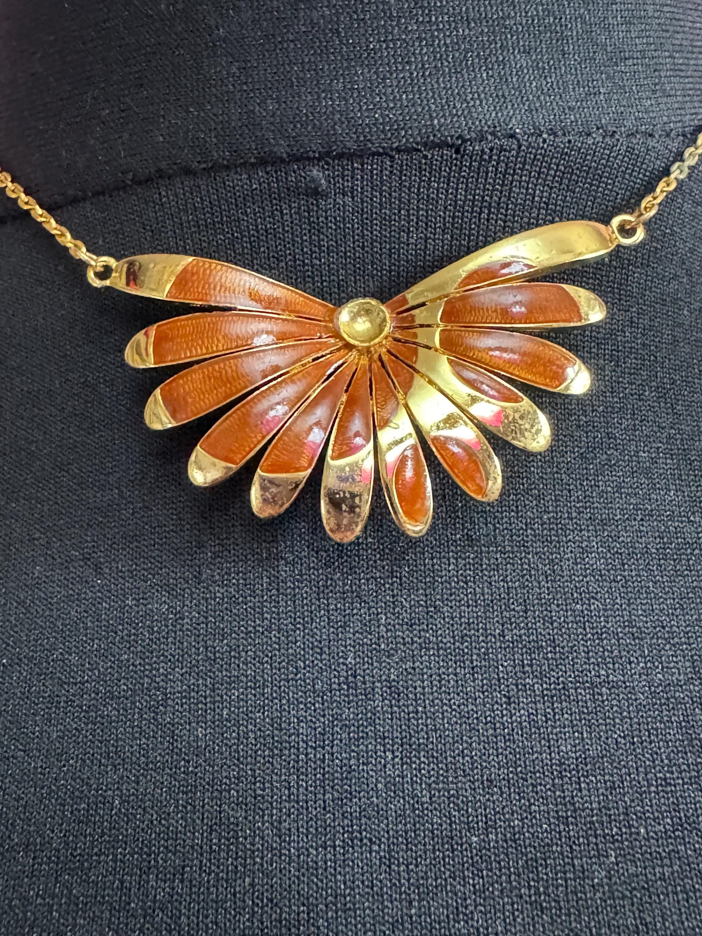 Signed ORENA brown necklace, Paris chocolate enamel pendant, gold plated