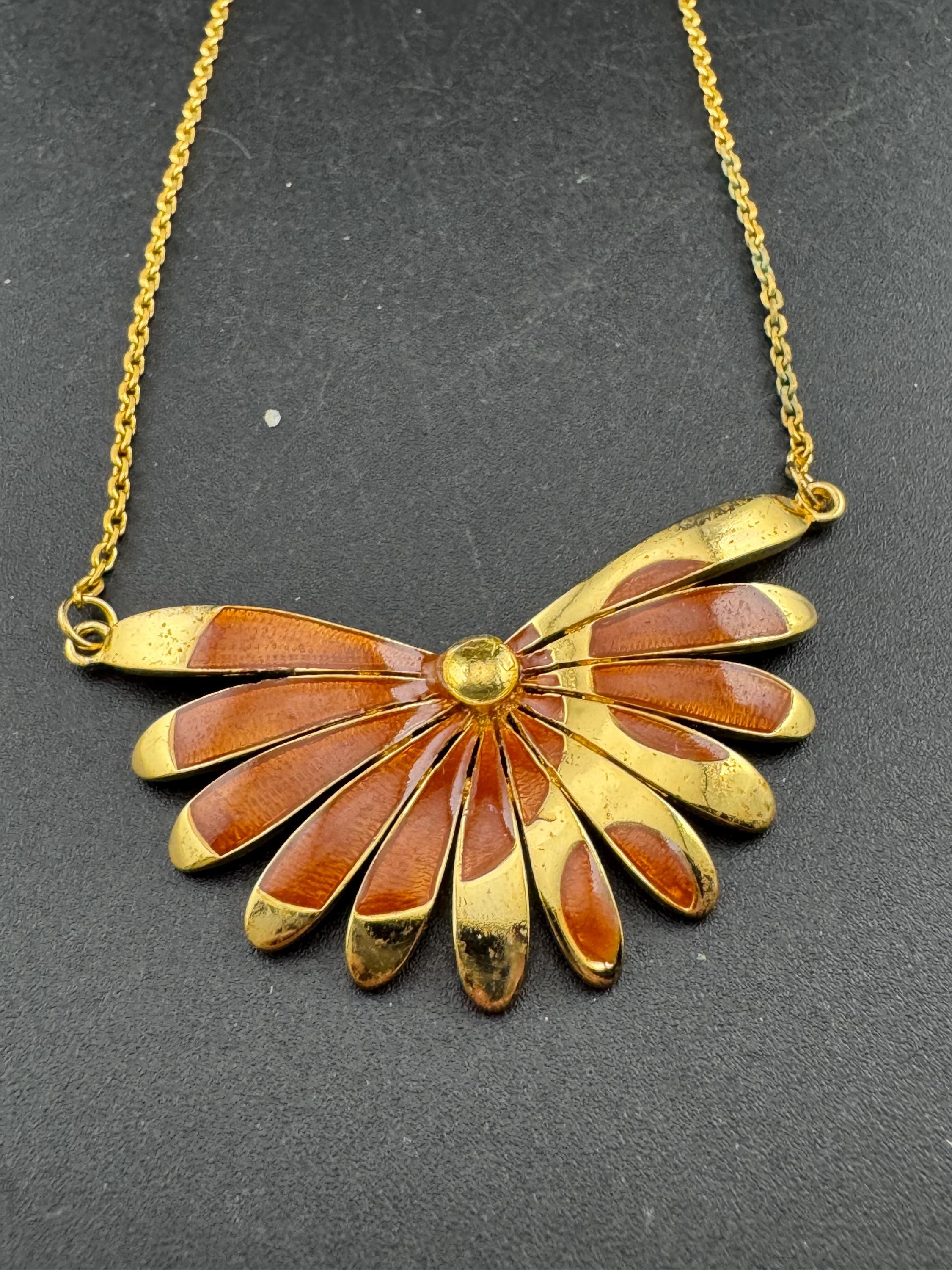 Signed ORENA brown necklace, Paris chocolate enamel pendant, gold plated