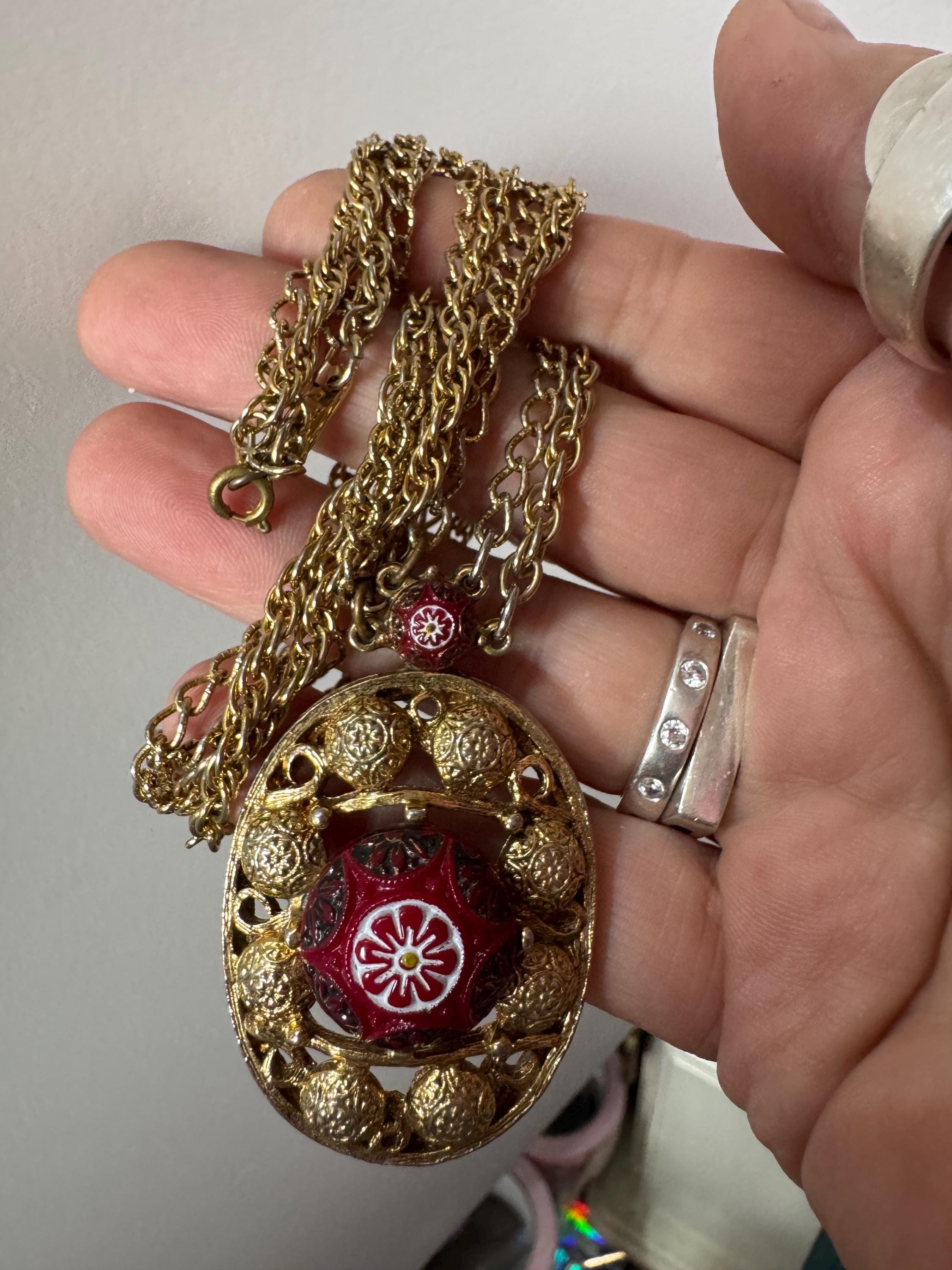 Signed CELEBRITY long gold rope chain red Etruscan pendant necklace