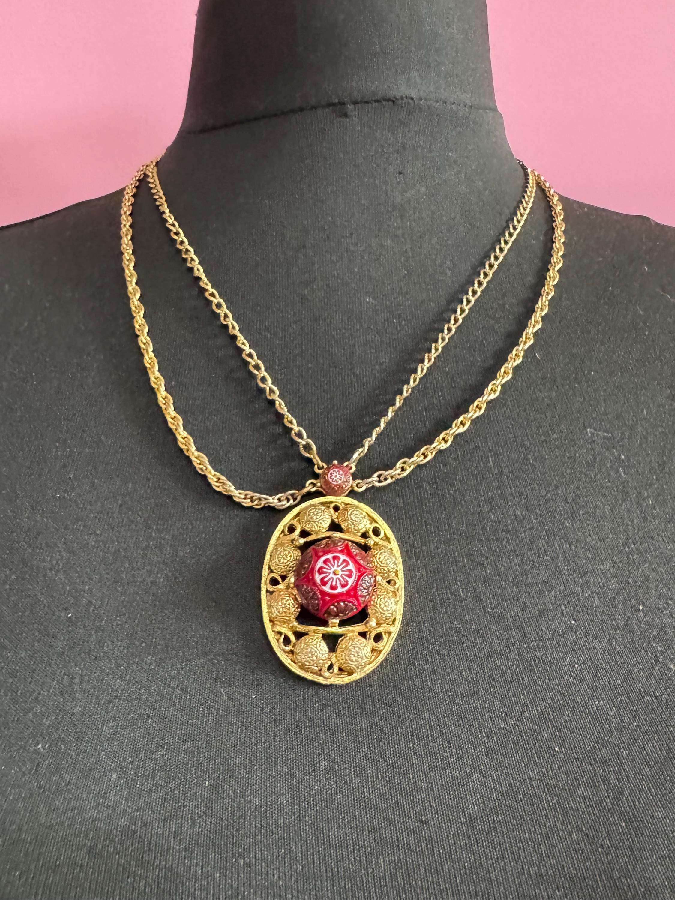 Signed CELEBRITY long gold rope chain red Etruscan pendant necklace