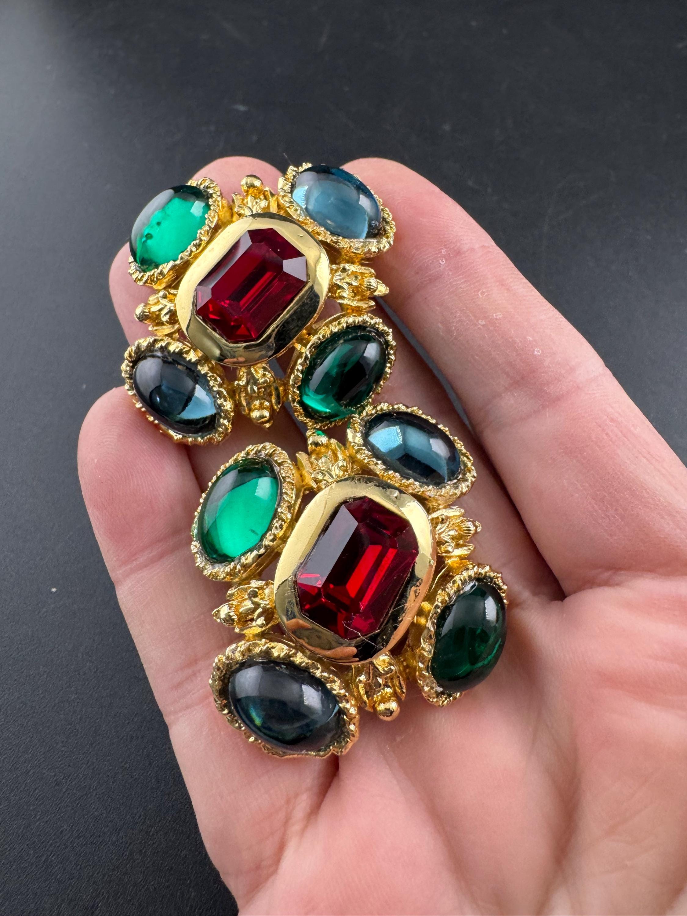 Vintage 1980s Swarovski Crystal Cross Earrings: Gold Tone Emerald ruby sapphire Cabochon