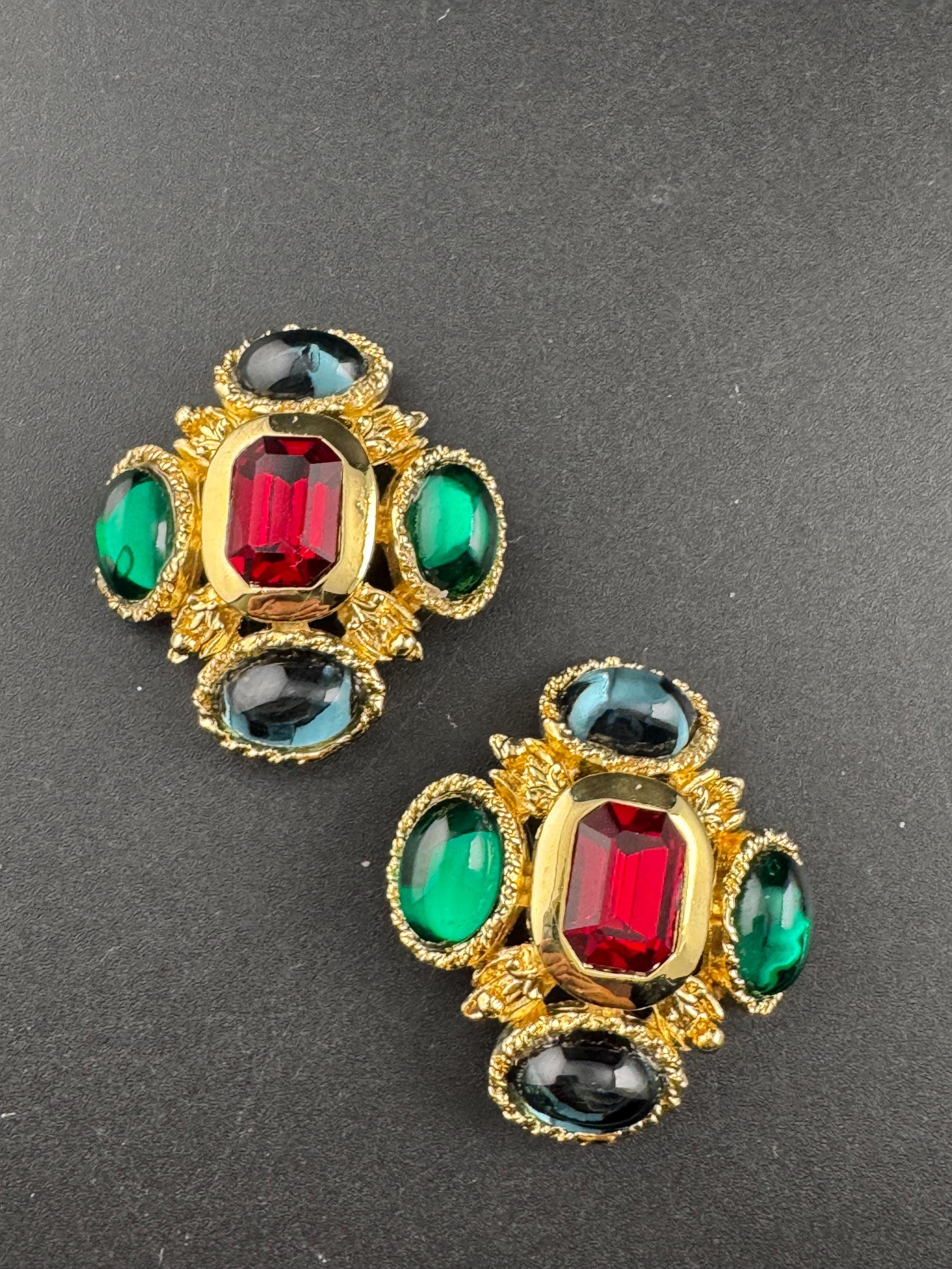Vintage 1980s Swarovski Crystal Cross Earrings: Gold Tone Emerald ruby sapphire Cabochon
