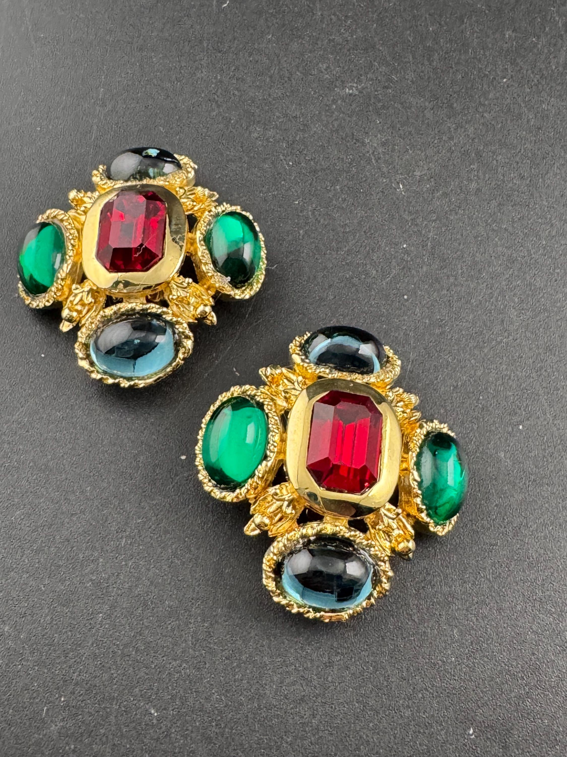 Vintage 1980s Swarovski Crystal Cross Earrings: Gold Tone Emerald ruby sapphire Cabochon