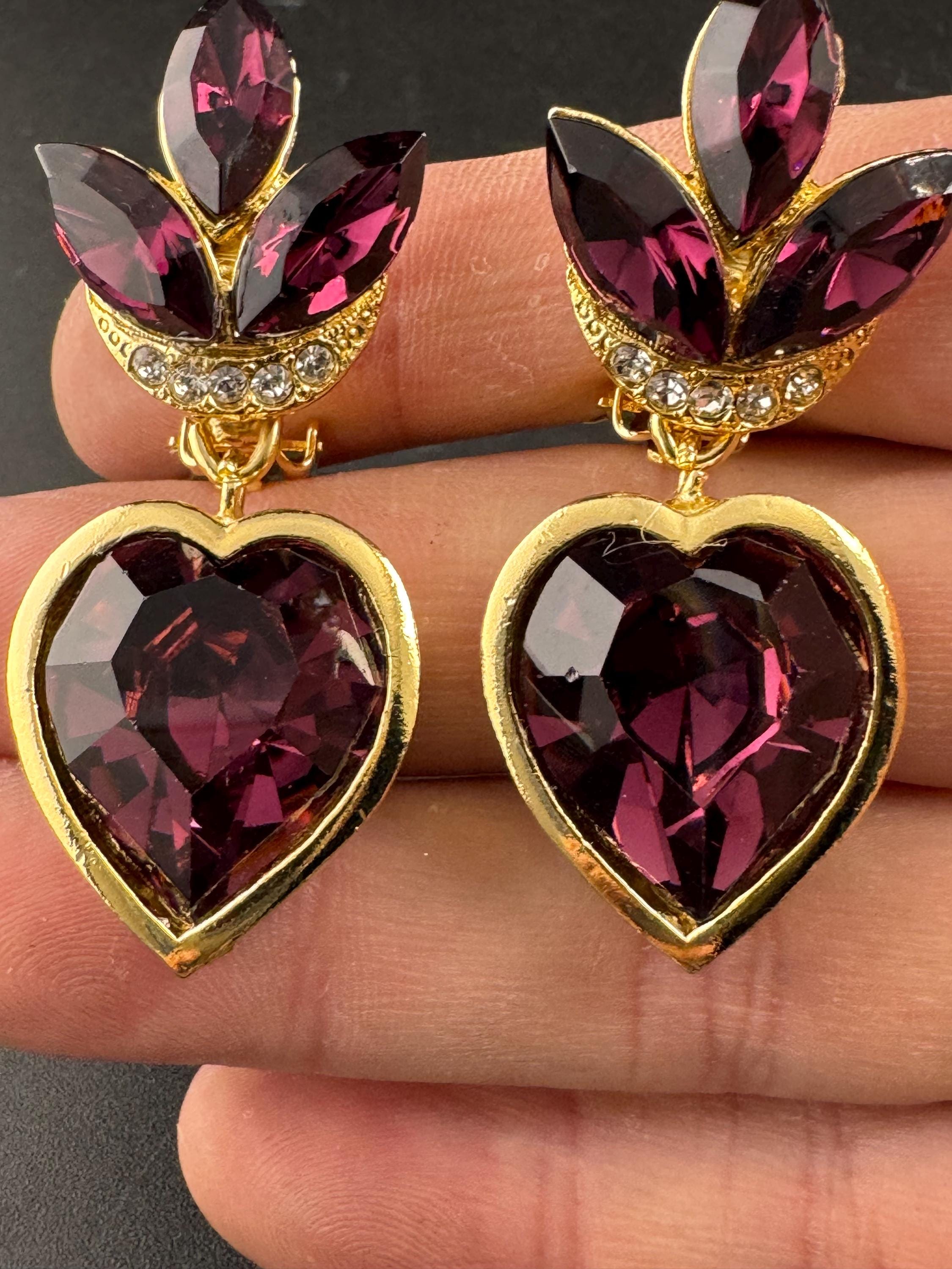 Vintage 1980s Swarovski Crystal dangly Earrings: Gold Tone Purple Crystal