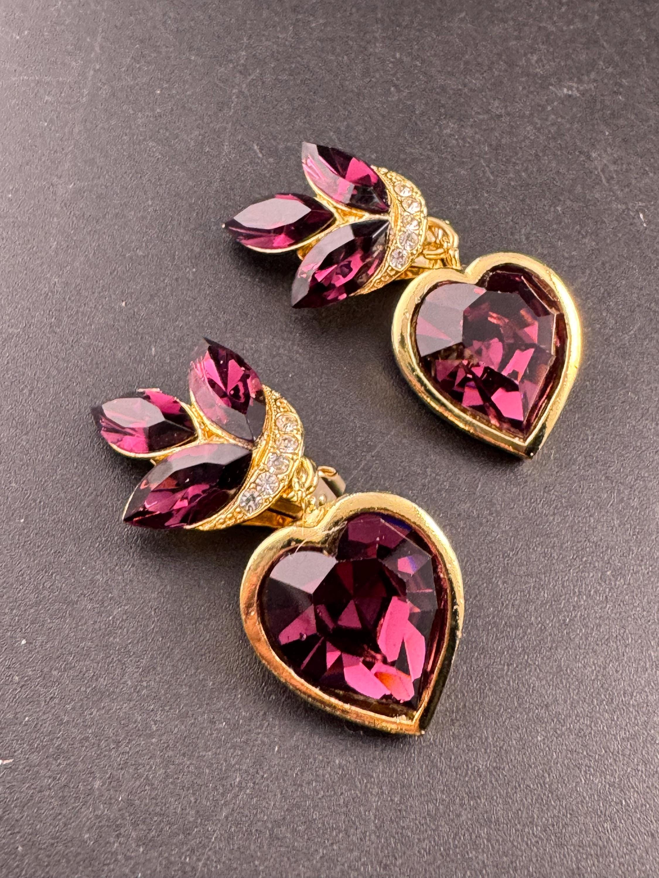 Vintage 1980s Swarovski Crystal dangly Earrings: Gold Tone Purple Crystal
