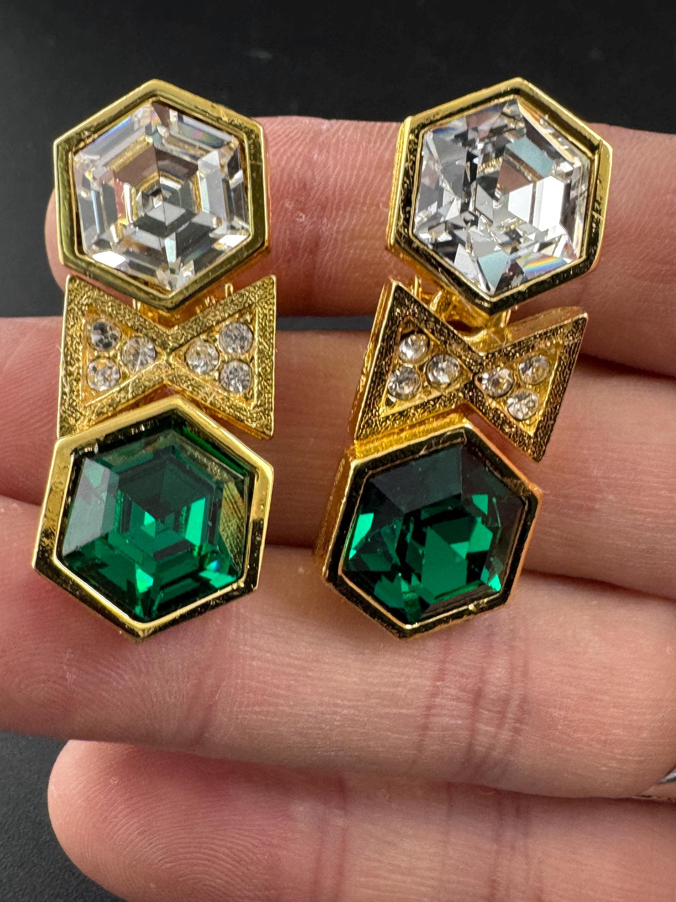 vintage emerald green and clear Swarovski crystal hexagon drop earrings, gold tone