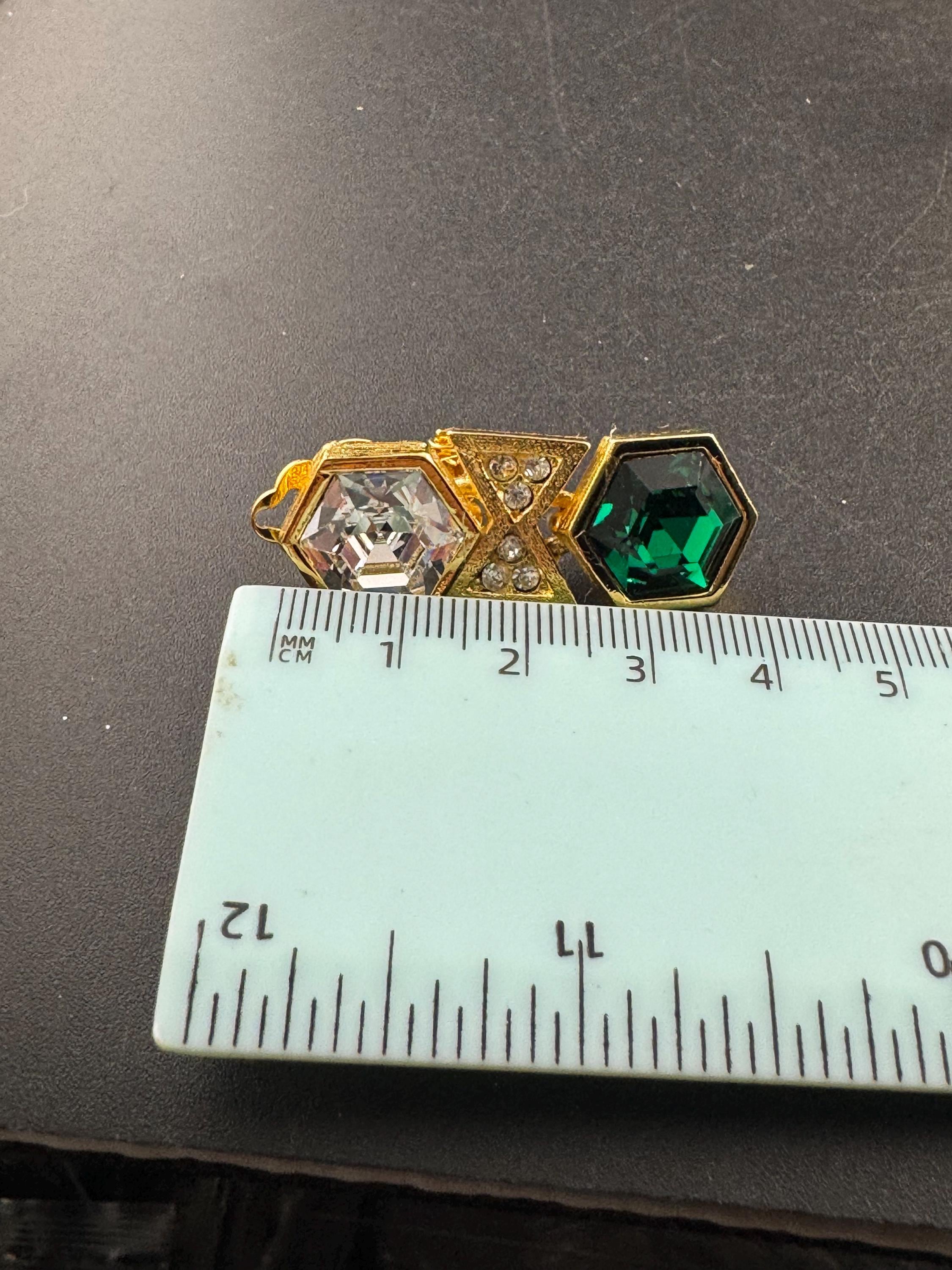 vintage emerald green and clear Swarovski crystal hexagon drop earrings, gold tone