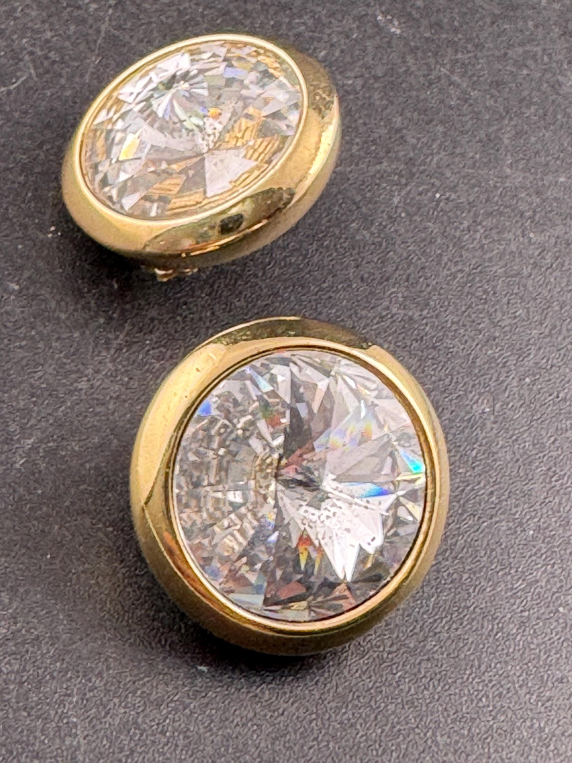 Vintage Swarovski round Stud clip on Earrings: Gold Tone Rivoli Crystal