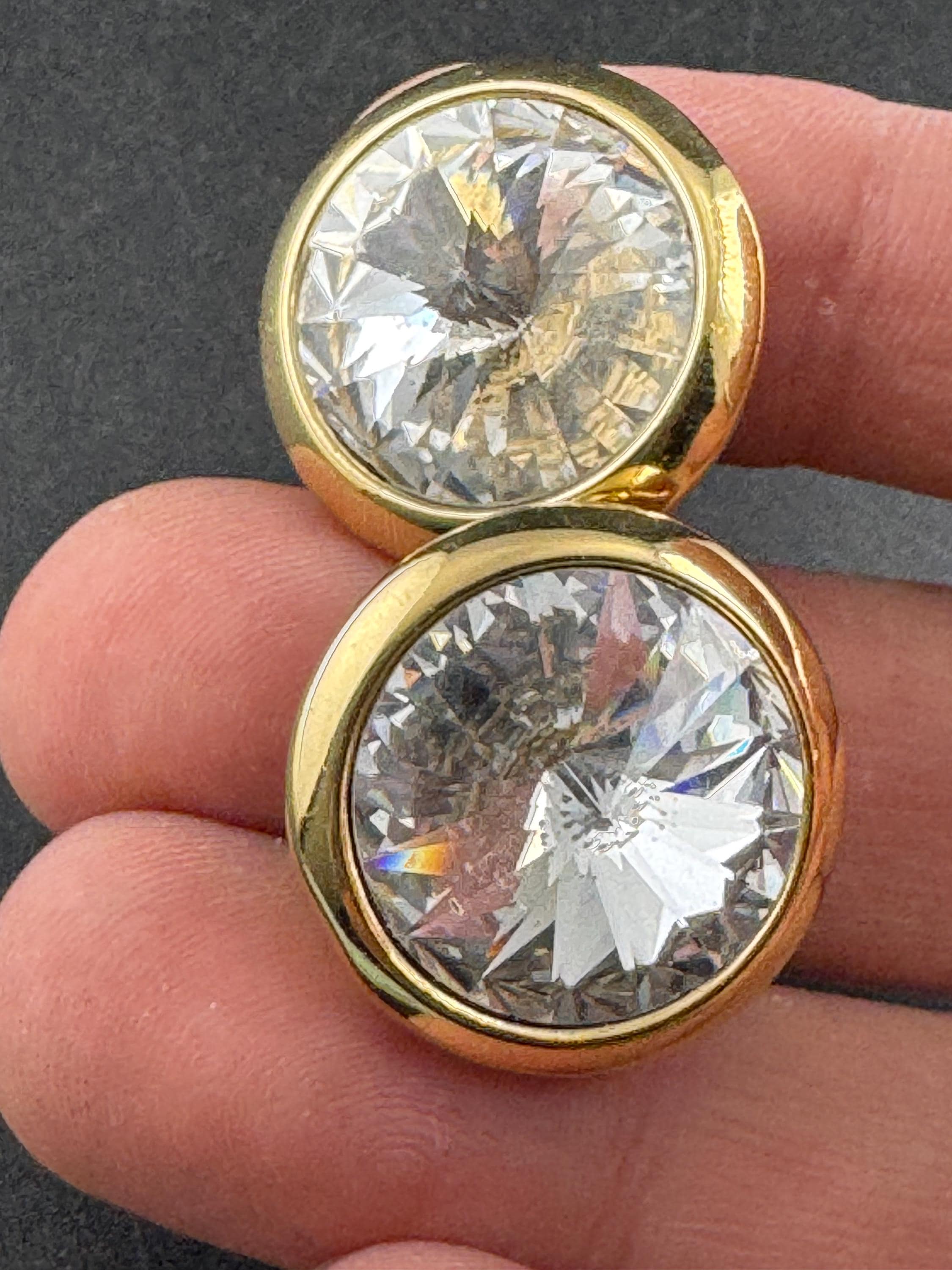 Vintage Swarovski round Stud clip on Earrings: Gold Tone Rivoli Crystal