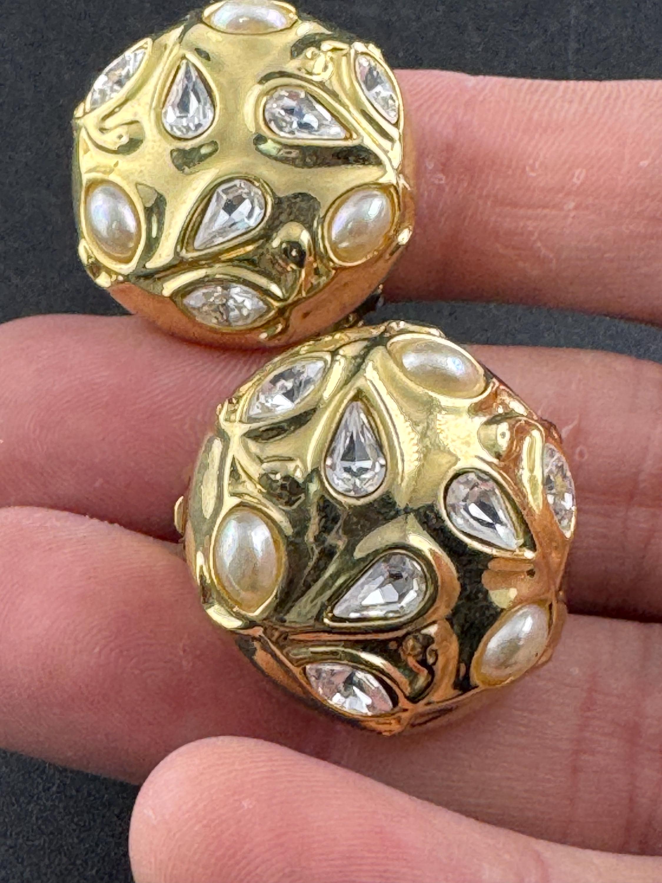 Faux pearl and Clear Diamanté paste gold tone domed Clip On Earrings