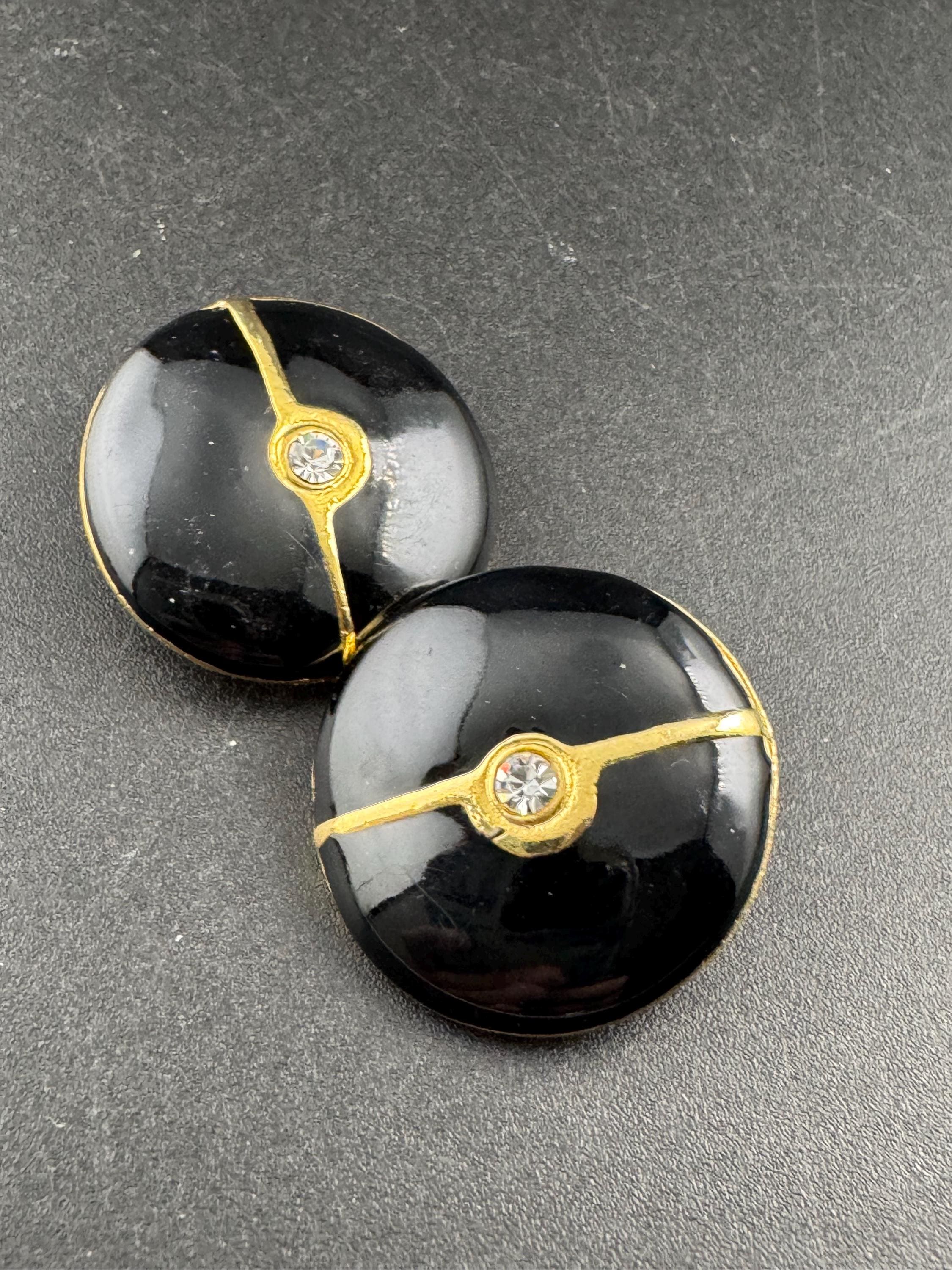 Vintage black enamel diamante and pearl clip on earrings, gold tone 1980s