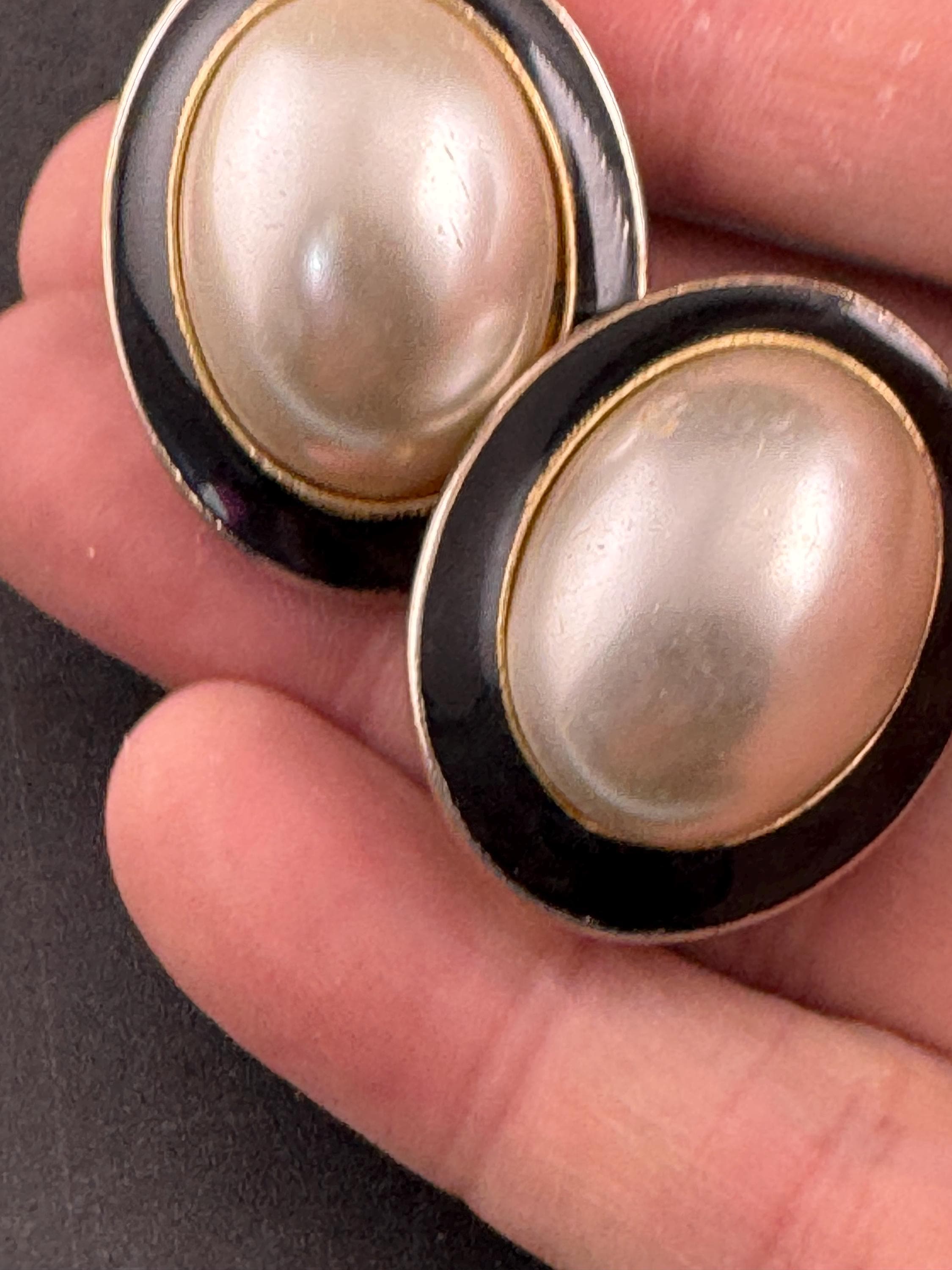 Vintage black enamel and pearl oval clip on earrings , gold tone