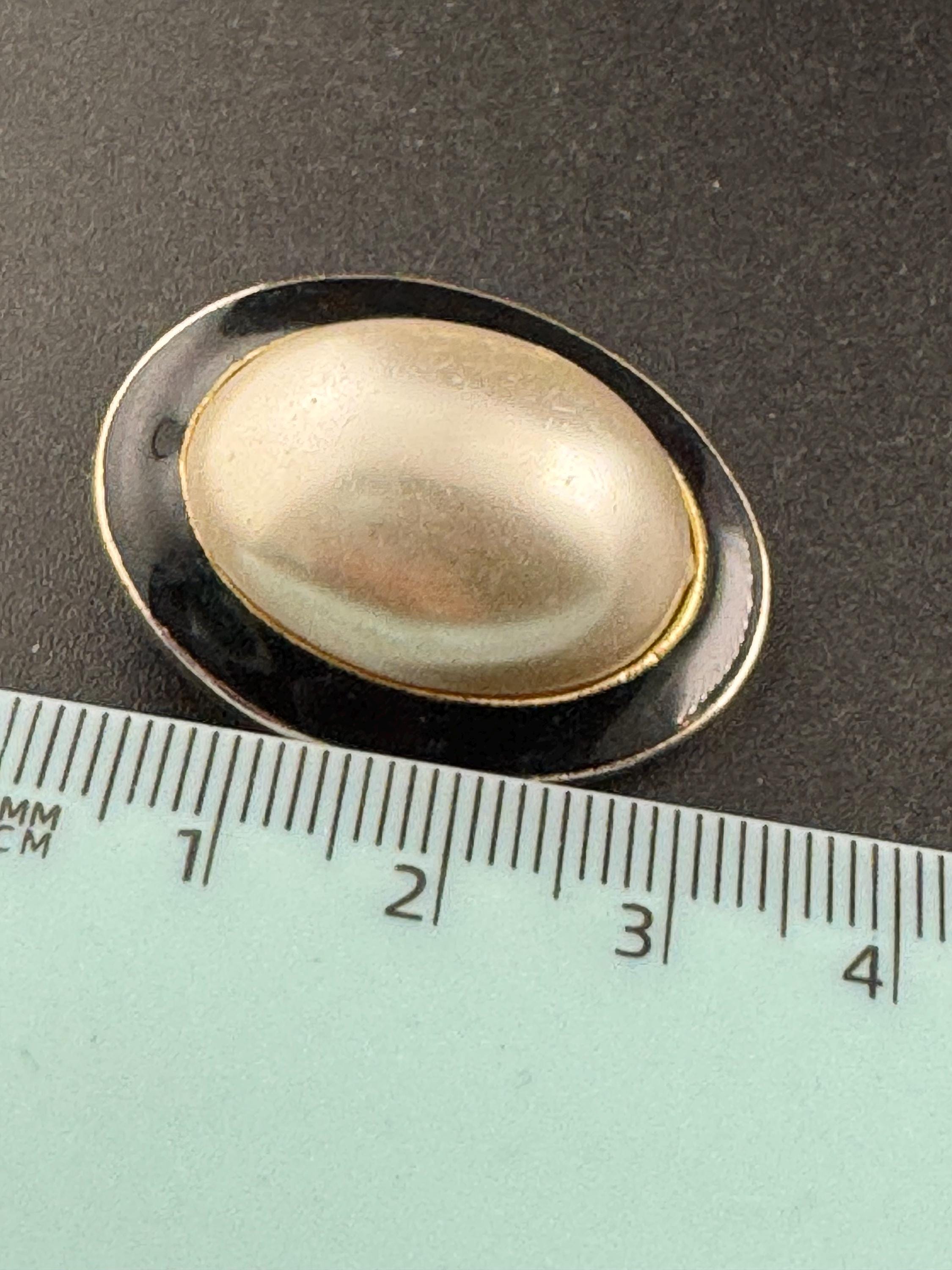 Vintage black enamel and pearl oval clip on earrings , gold tone
