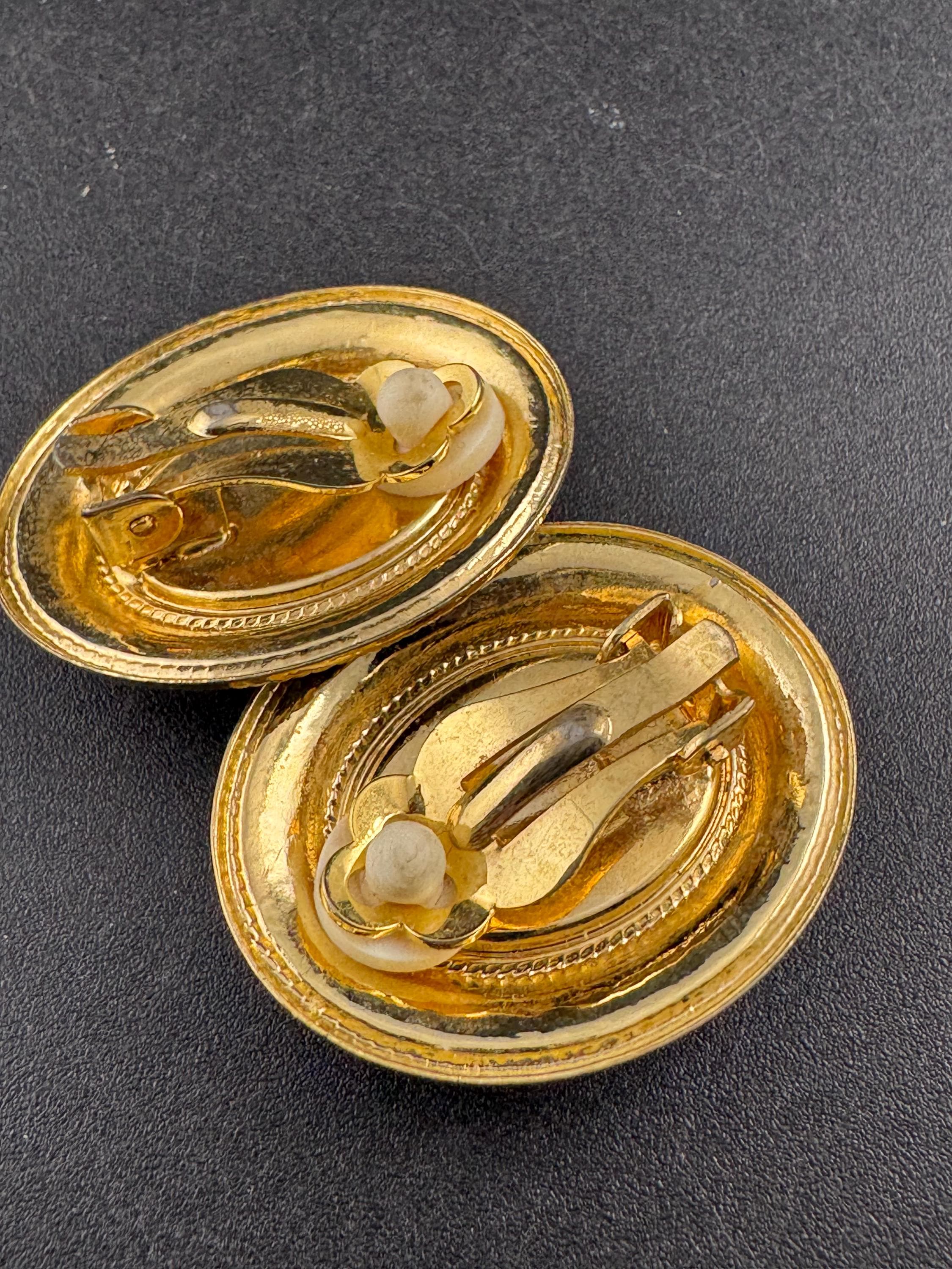 Vintage black enamel and pearl oval clip on earrings , gold tone