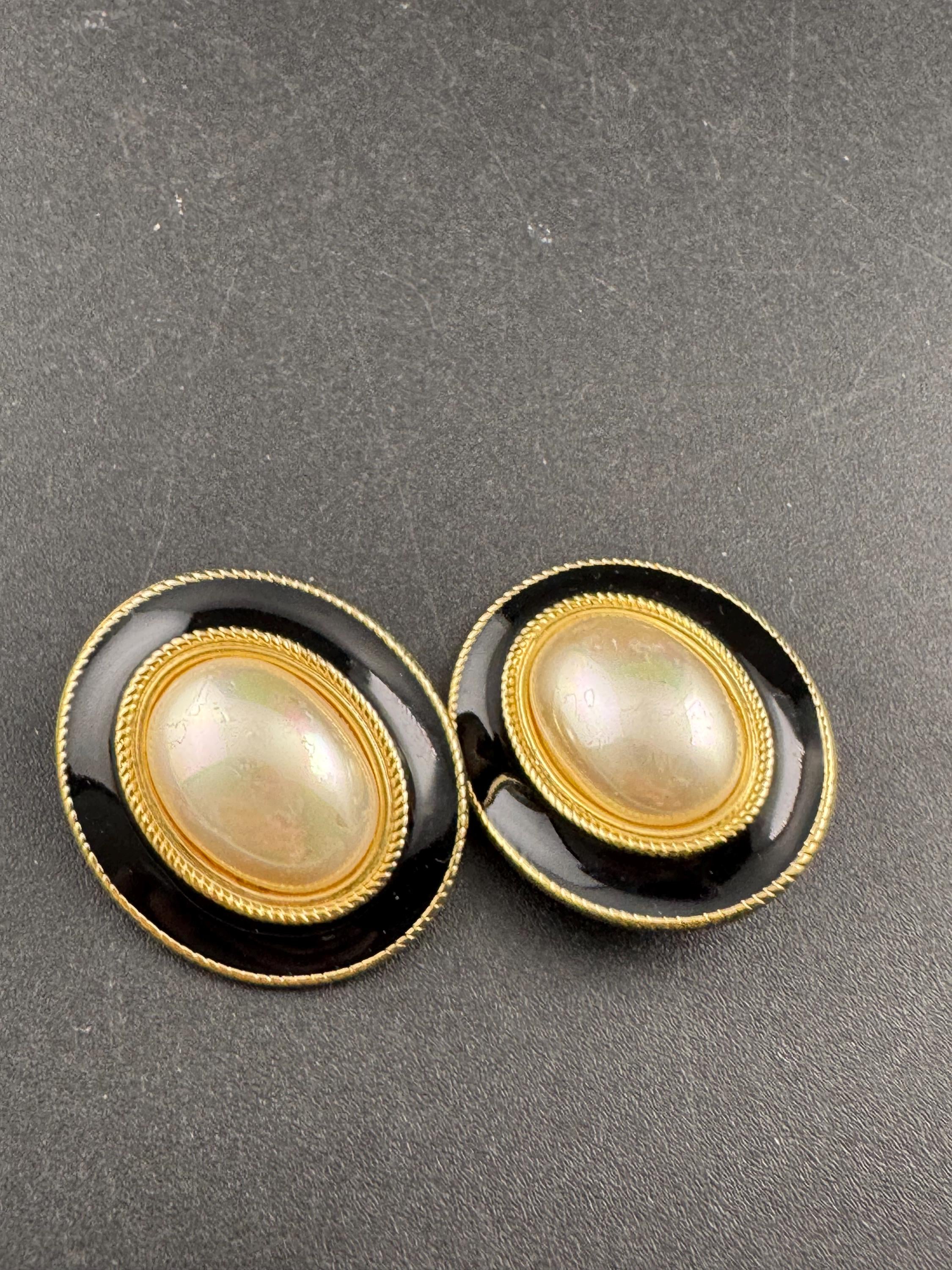 Vintage black enamel and pearl oval clip on earrings , gold tone