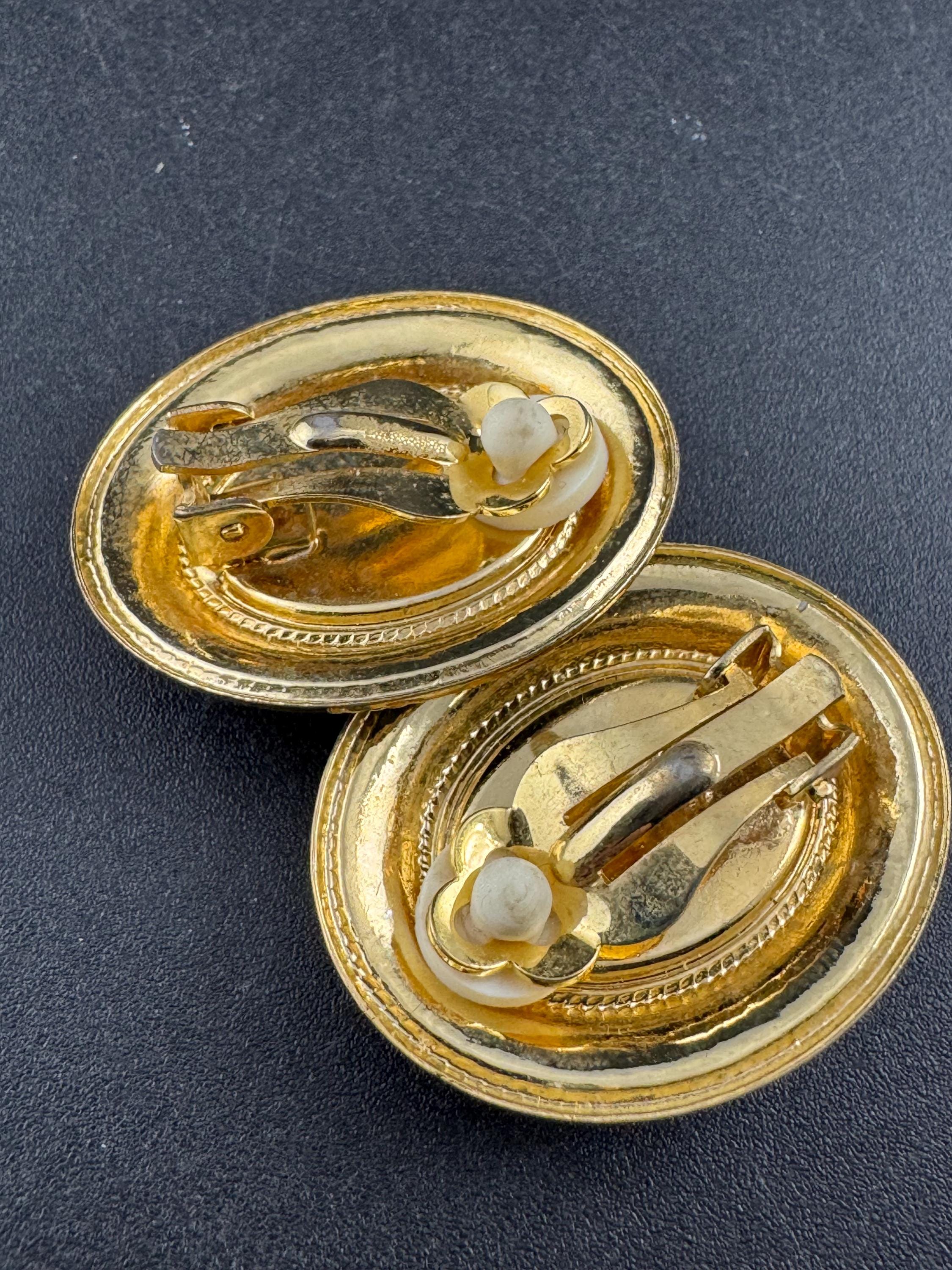 Vintage black enamel and pearl oval clip on earrings , gold tone