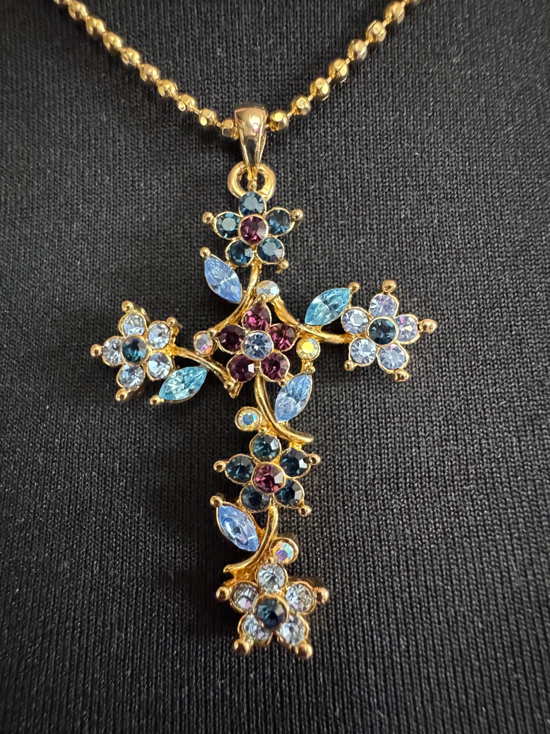 Suzanne Bjontegatd coloured rhinestone cross pendant on gold tone ball chain