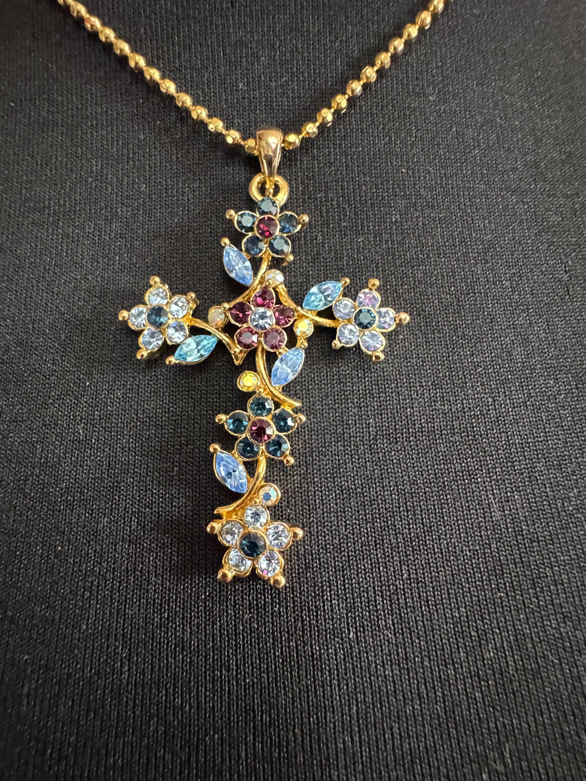 Suzanne Bjontegatd coloured rhinestone cross pendant on gold tone ball chain