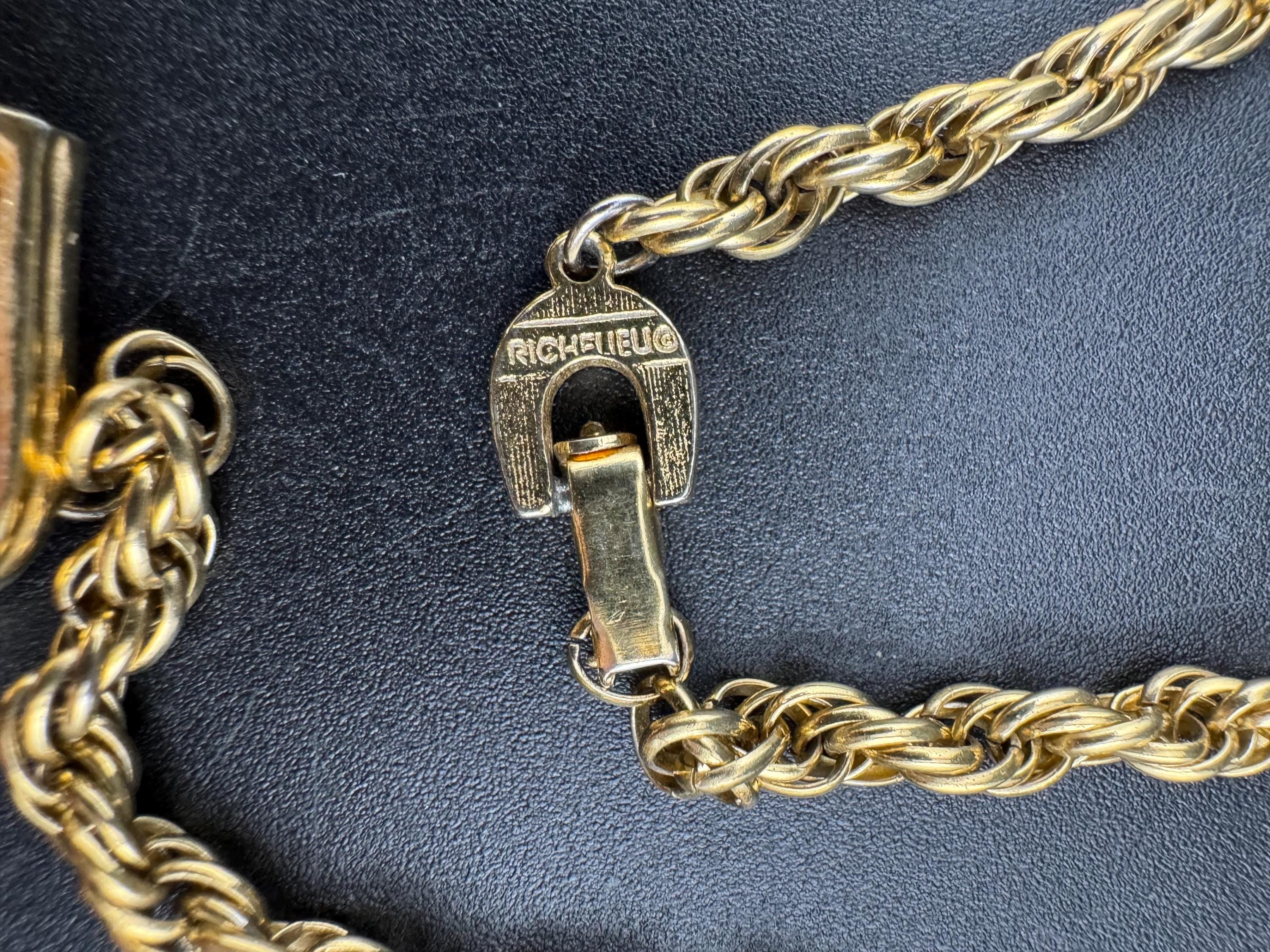 Signed RICHELIEU frosted pink and pearl teardrop necklace , designer gold tone