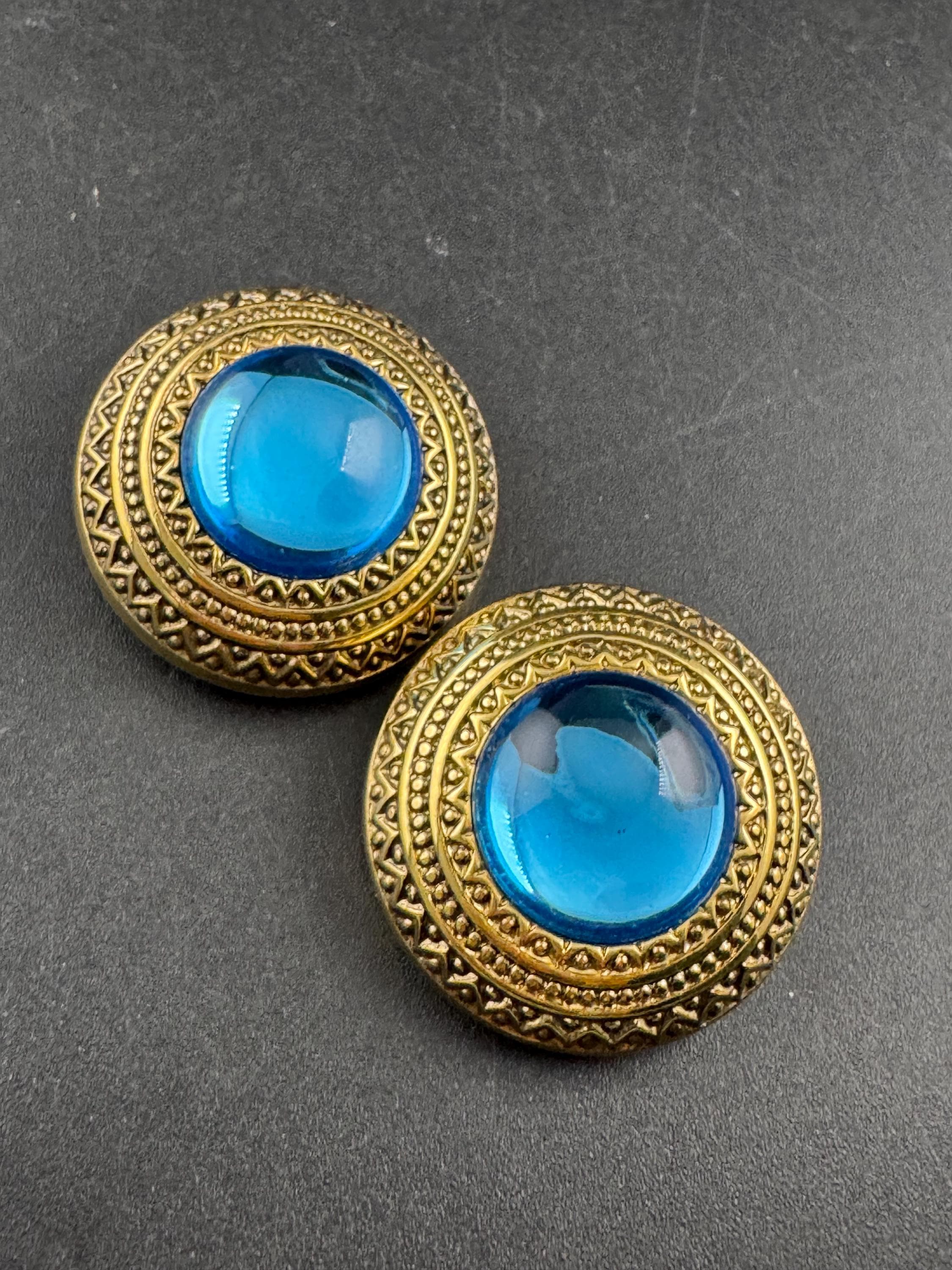 West Germany Gold Clip On Earrings: bright blue Acrylic Cabochon, 1990s