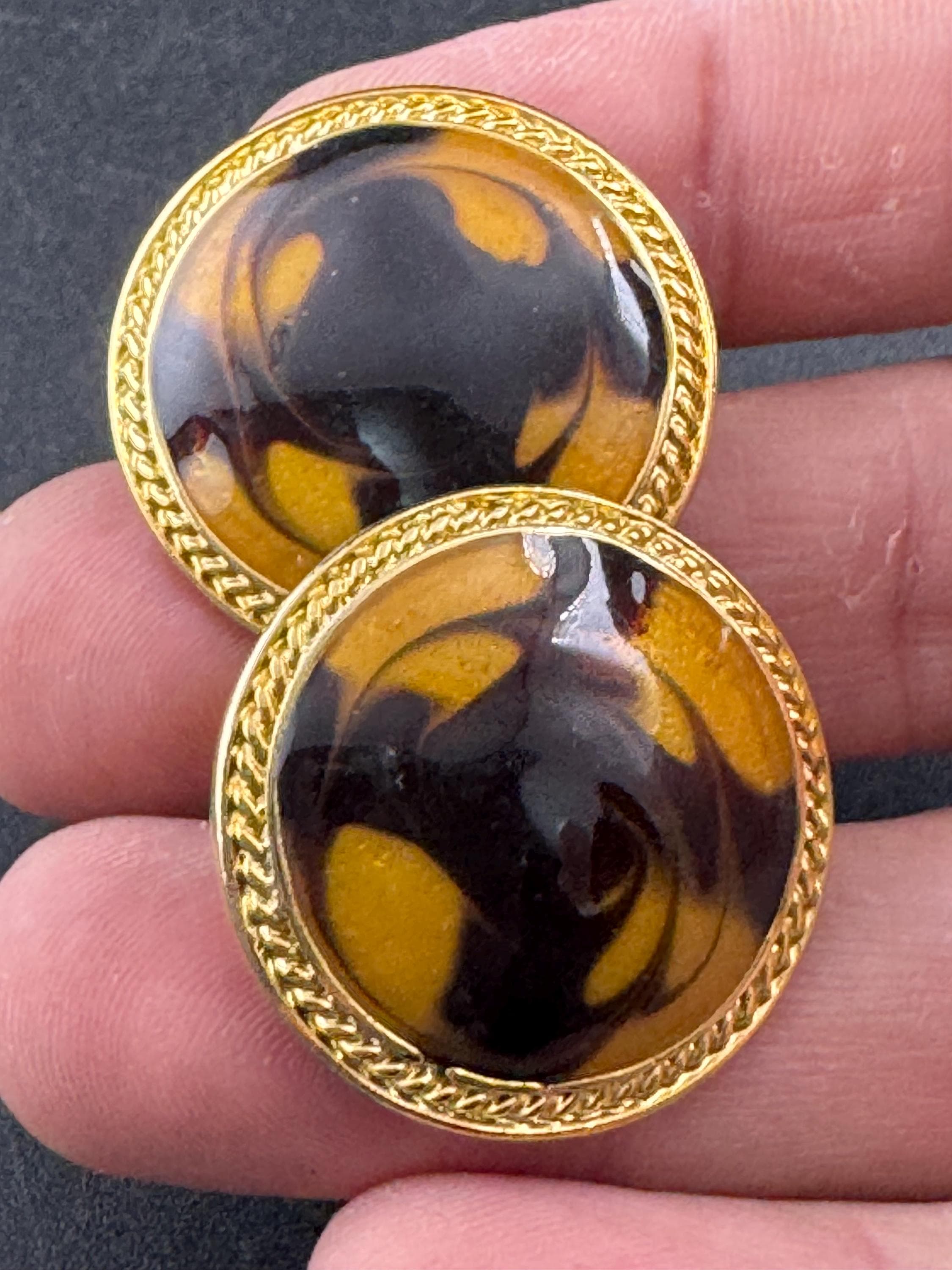 Vintage brown and tan enamel disc clip on earrings, gold tone 2.5cm