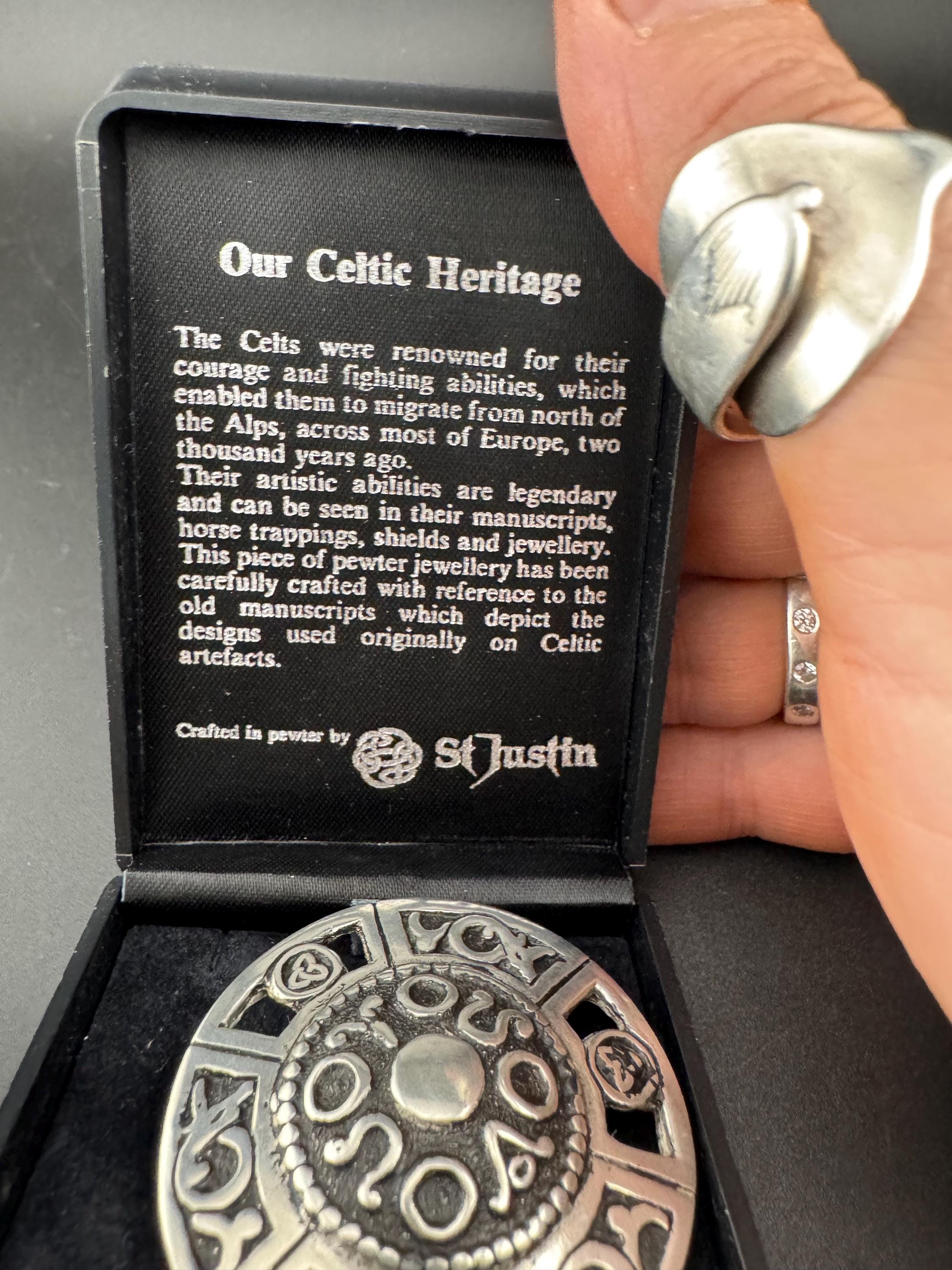 St Justin Celtic Brooch, boxed In pewter and signed silver tone domed