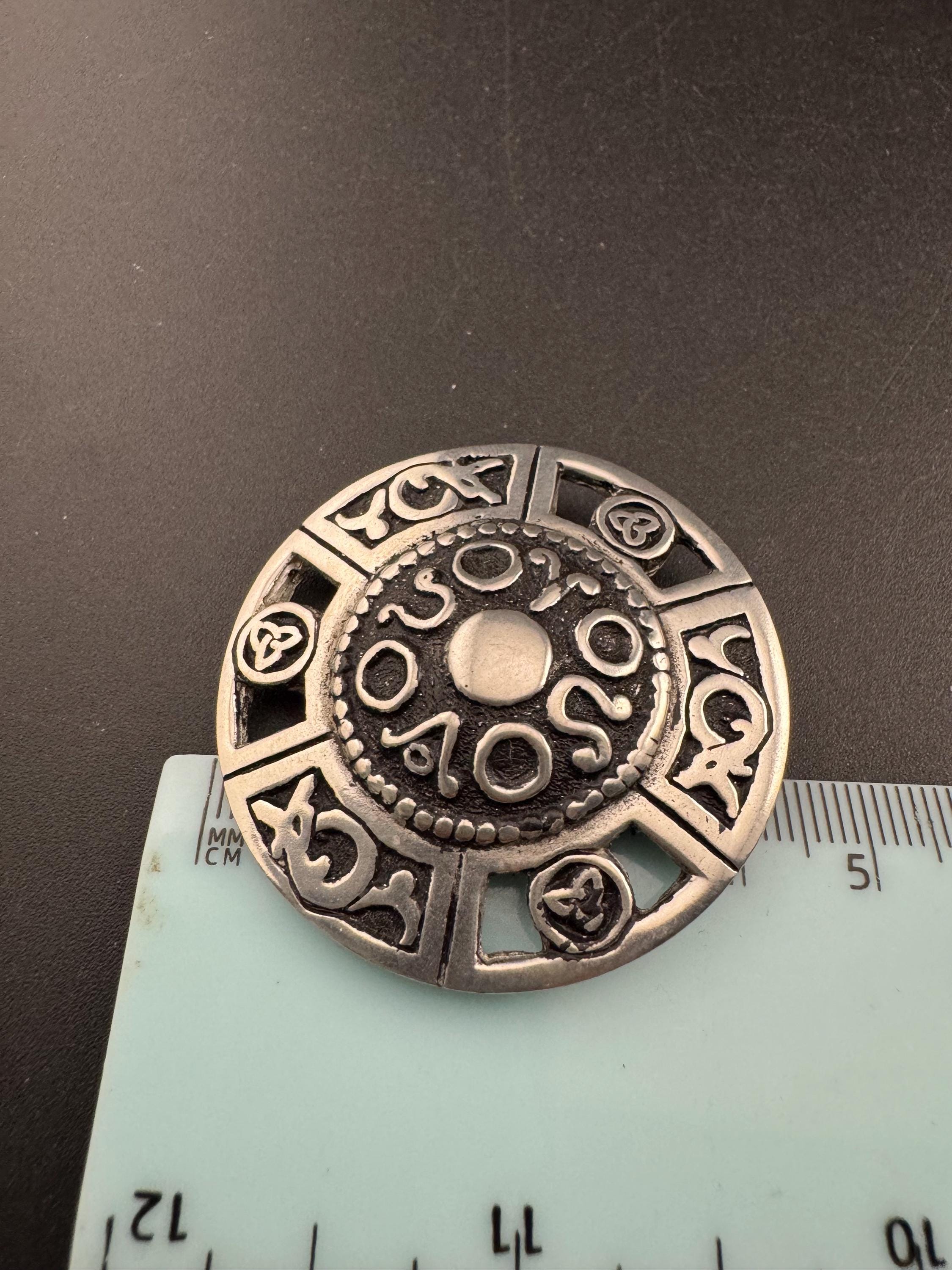 St Justin Celtic Brooch, boxed In pewter and signed silver tone domed