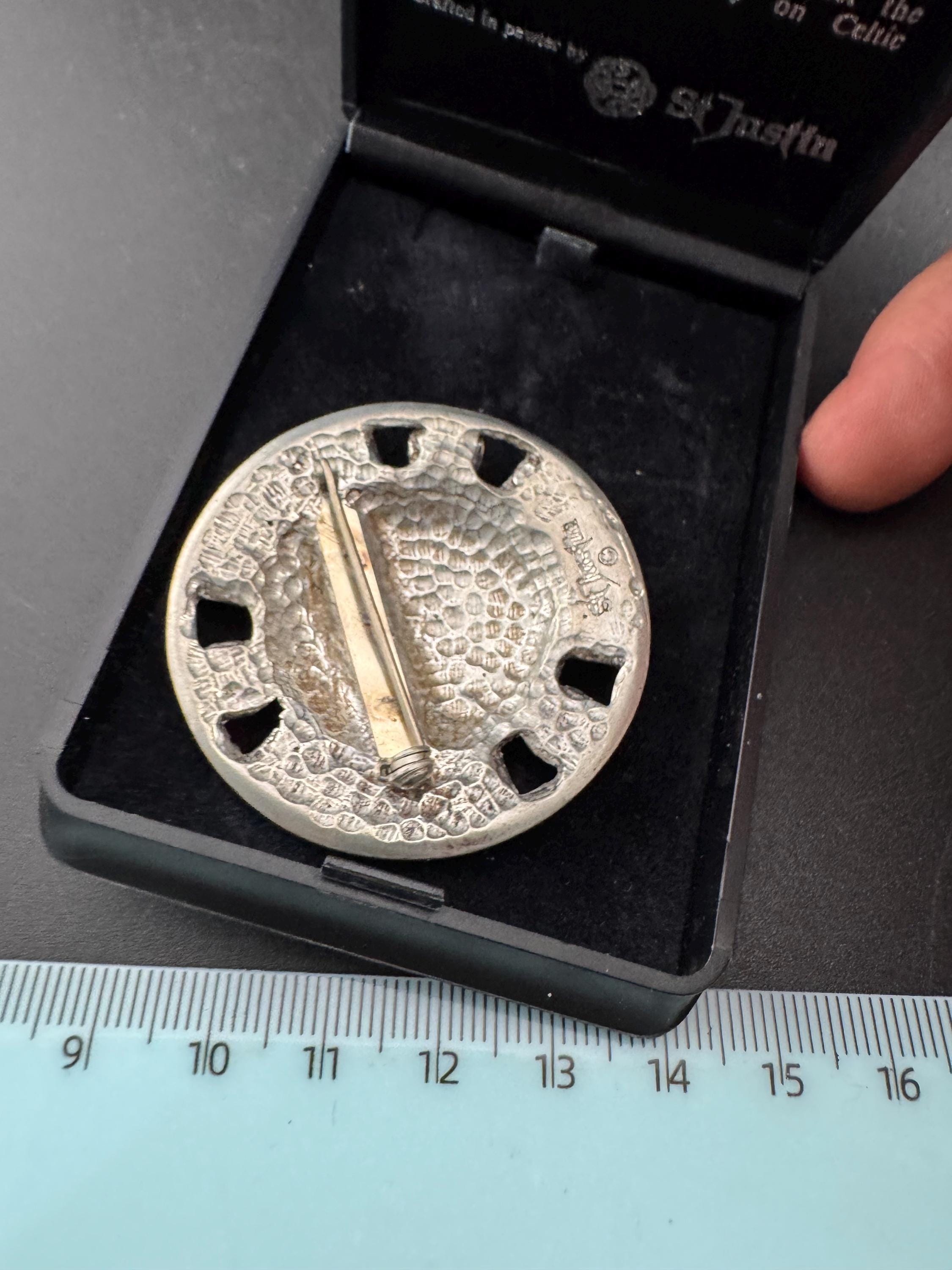 St Justin Celtic Brooch, boxed In pewter and signed silver tone domed