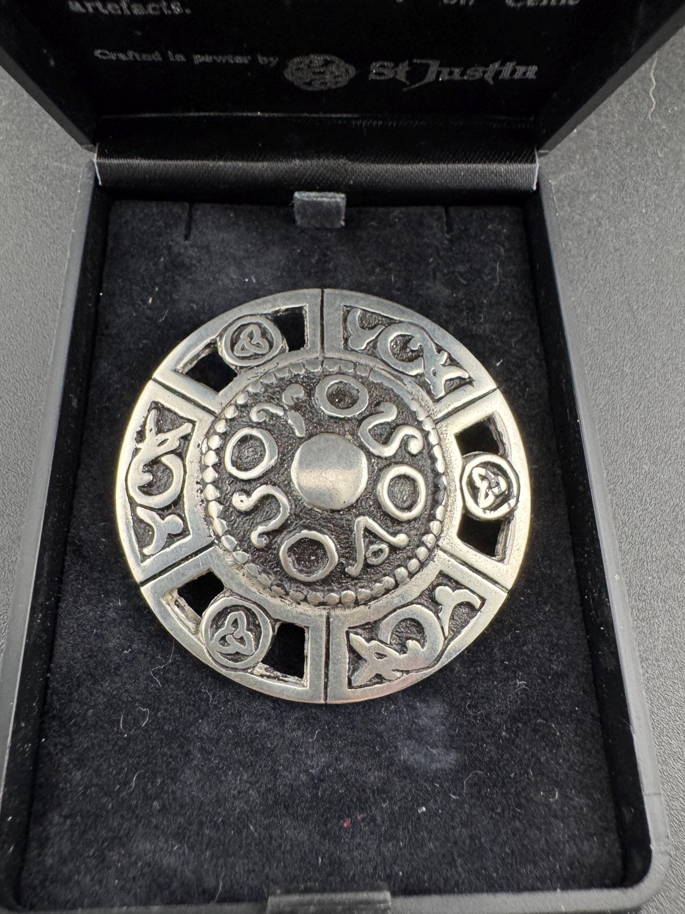 St Justin Celtic Brooch, boxed In pewter and signed silver tone domed