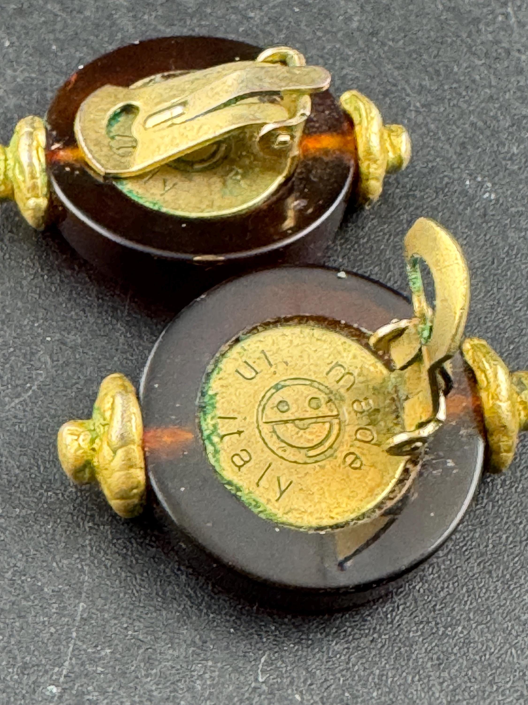 Vintage signed Italian brown Clip On Earrings: Gold Tone Etruscan Earrings