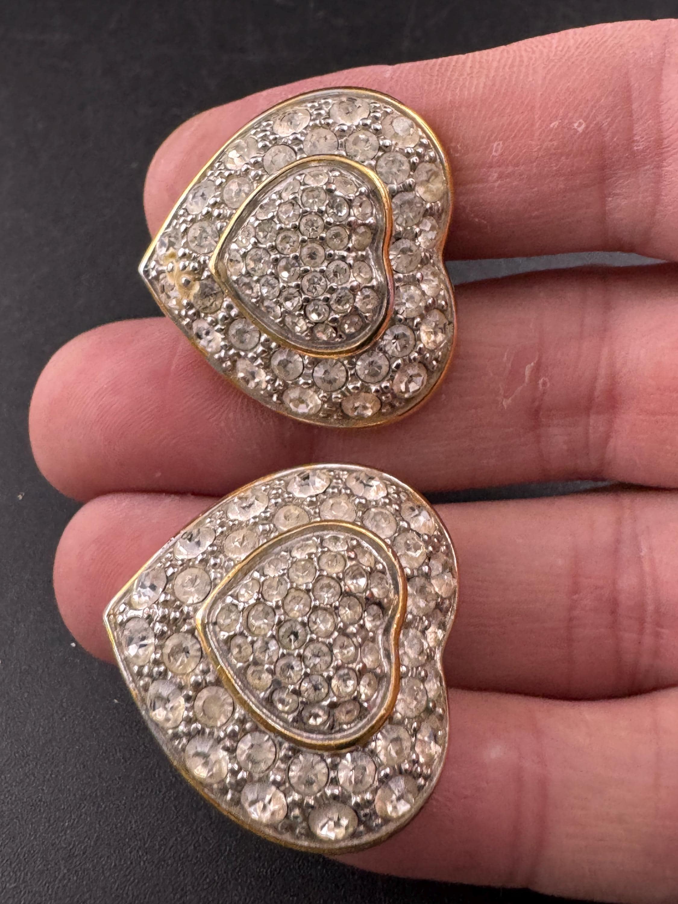 Vintage 1980s clear Crystal Heart oversized clip on Earrings: gold Tone