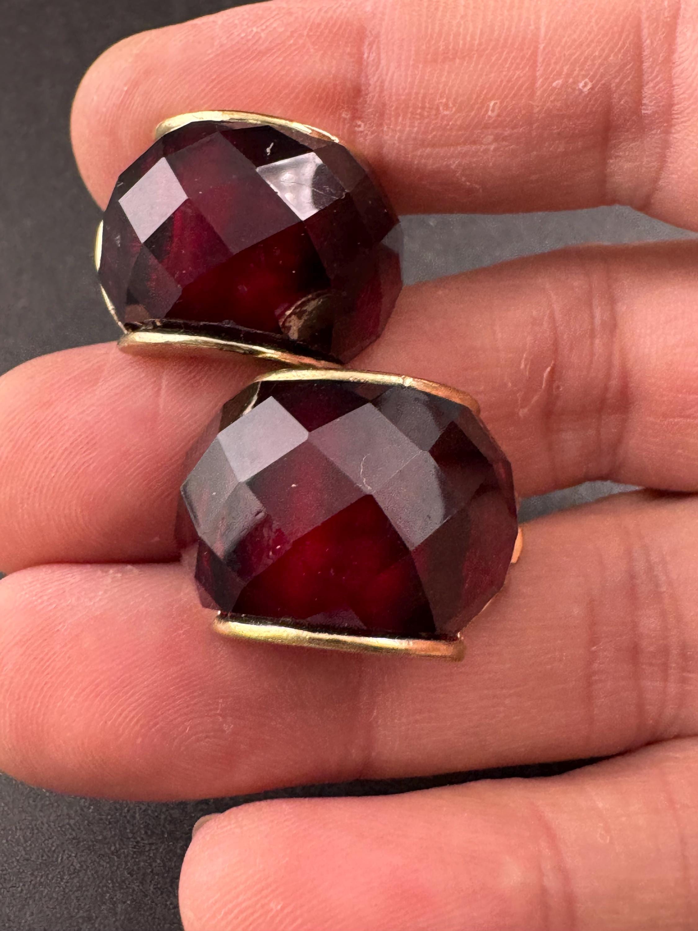 Vintage dark red acrylic Clip On Earrings: half hoop, Gold Tone