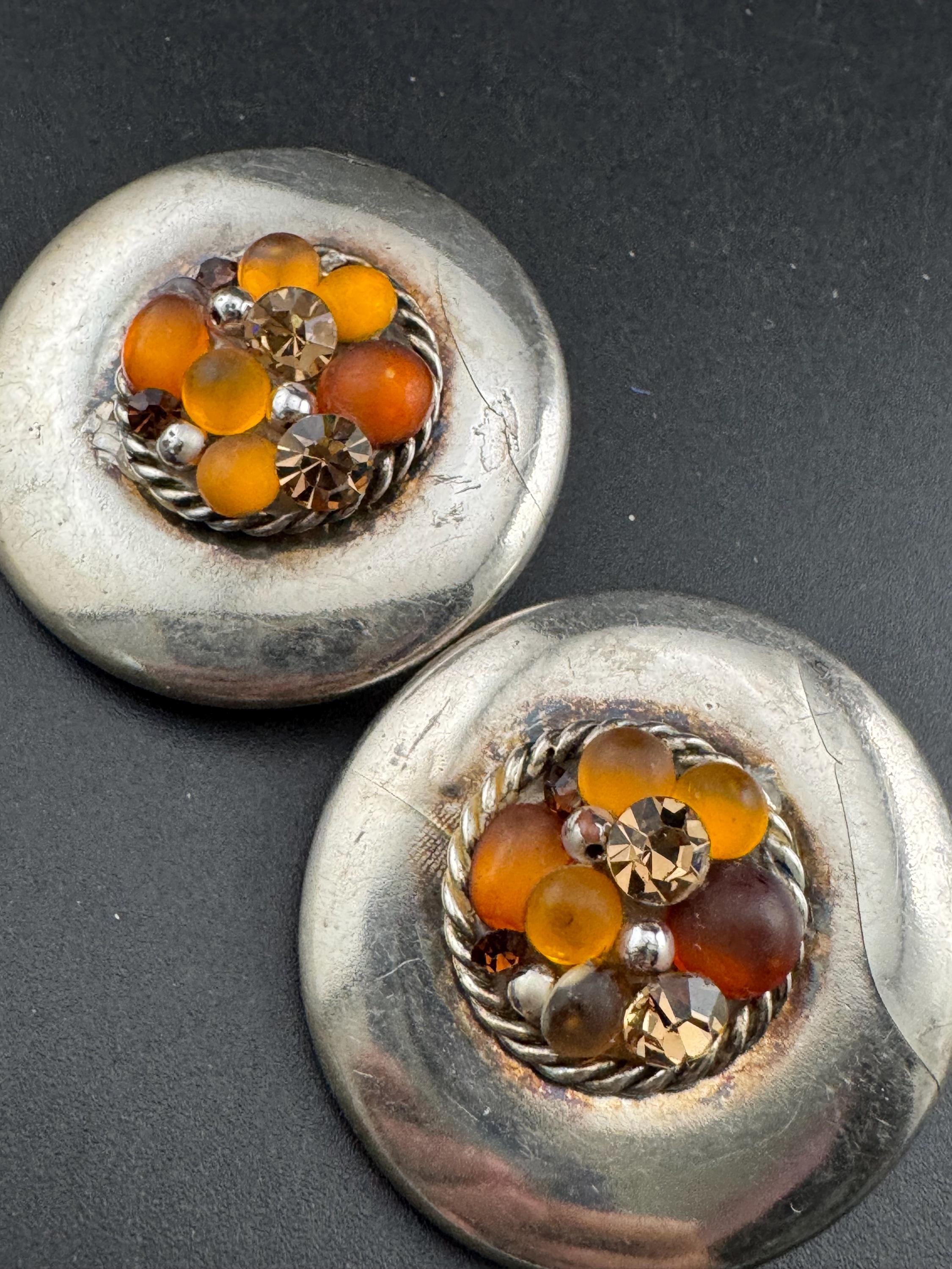 Jacky de G Oversized silver domed Clip On Earrings: designer orange stones